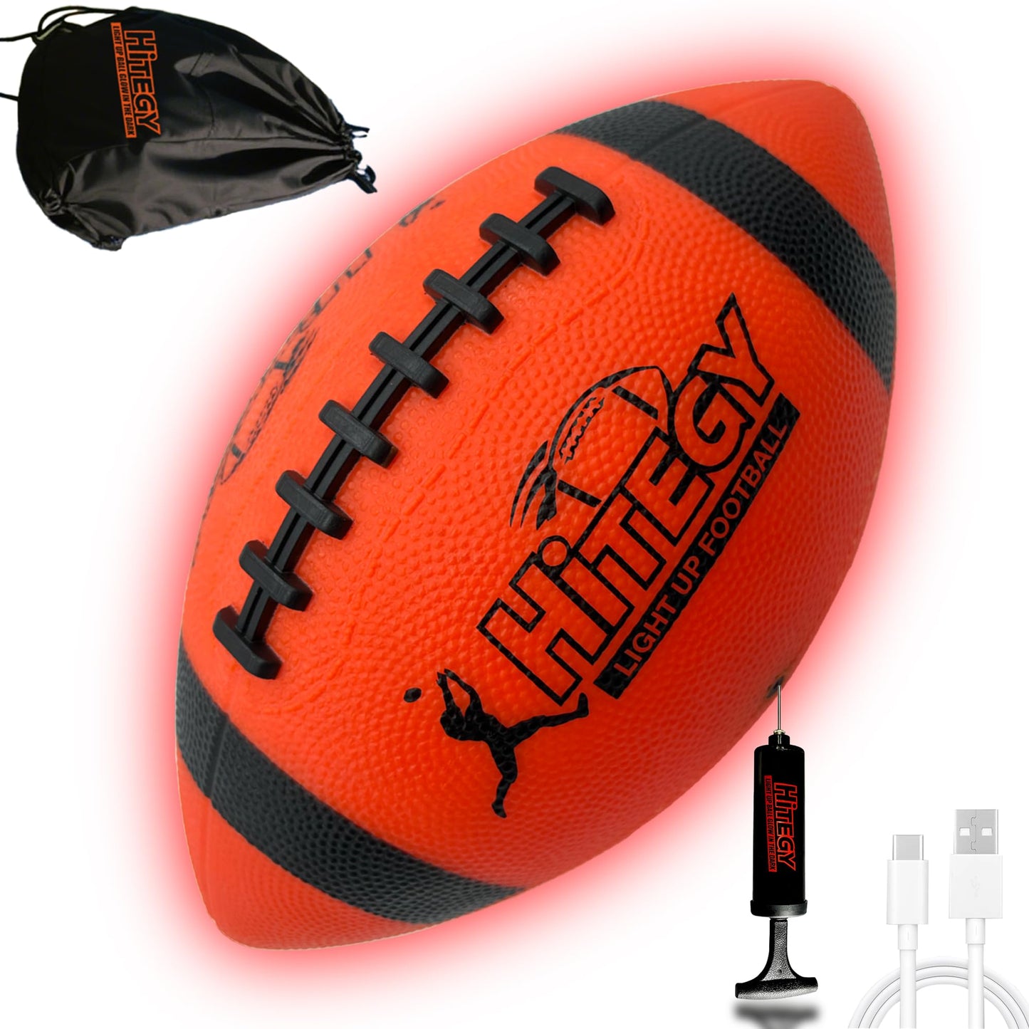 HITEGY Rechargeable Glow in The Dark Football - USB Charging, Official Size 6, Light Up with Every Catch and Throw, Includes Pump, Ball Bag & Charging Cable - Rechargeable Light Up Football - Orange