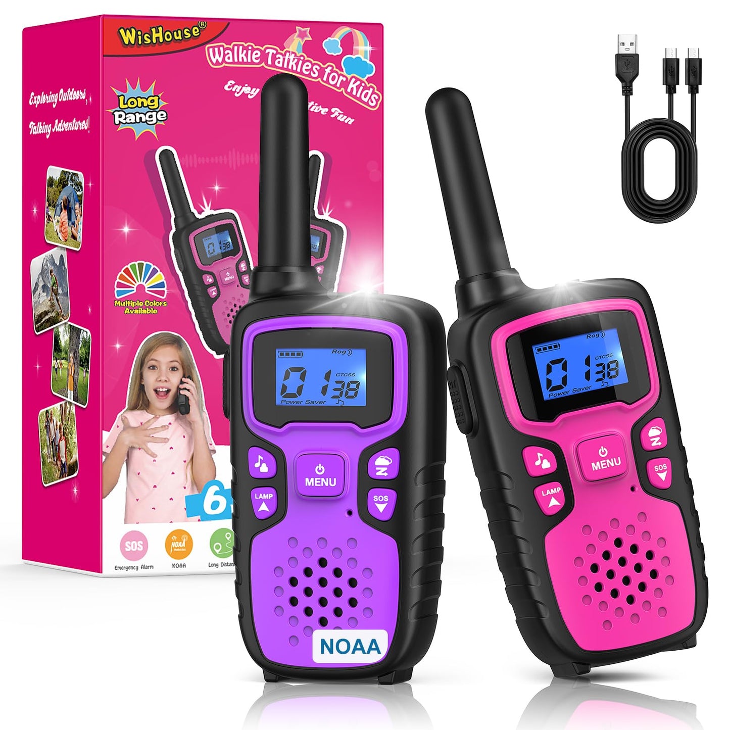 Wishouse Walkie Talkies for Kids Rechargeable Long Range,Xmas Birthday Gift for 4 5 6 7 8 9 Year Old Girls,Hiking Gear Camping Games Cool Toys with NOAA,SOS Siren,Lamp,Lanyards,Easy to Use,2 Pack