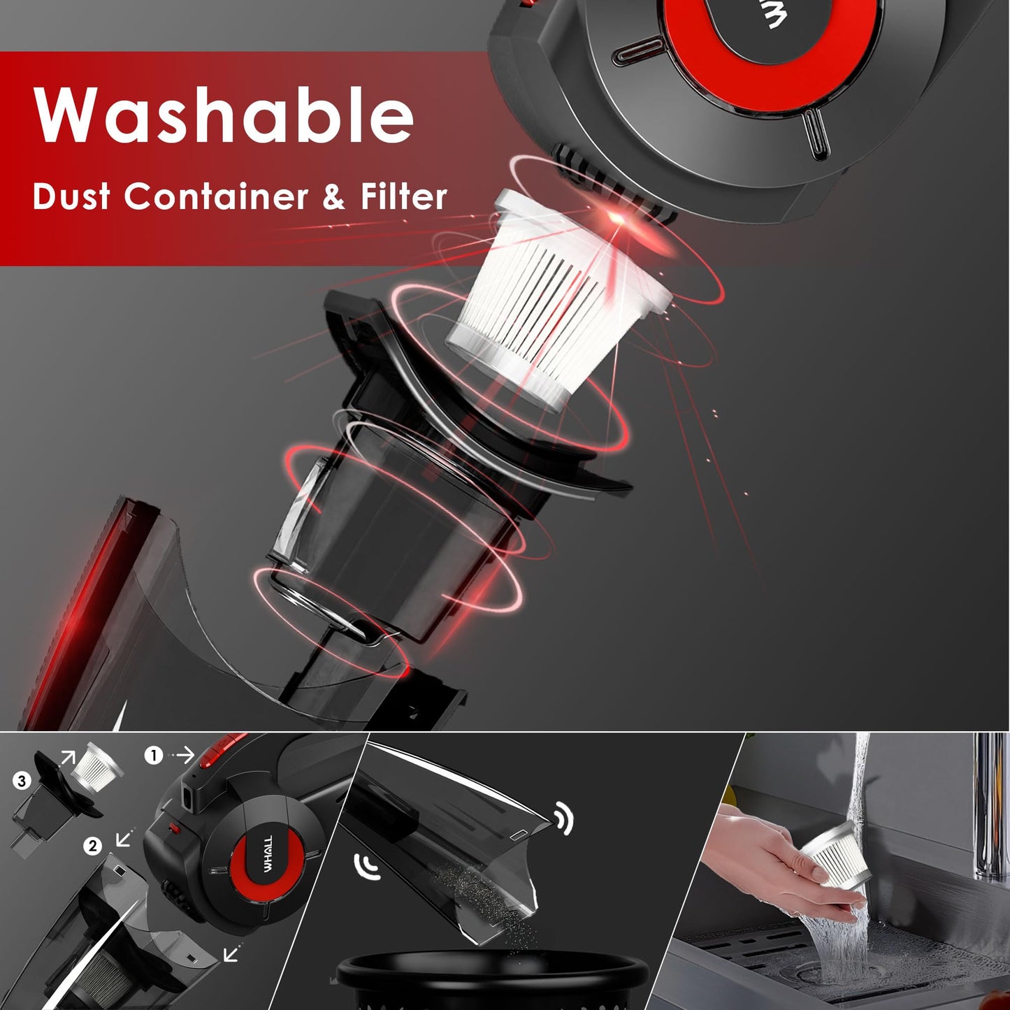 whall Handheld Cordless Car Vacuums, Wet and Dry Use 9000Pa Strong Suction Vacuums, Rechargeable Portable Vacuum Cleaner with LED, Charging Dock, Lightweight Mini Vacuum for Car, Home and Office, Red