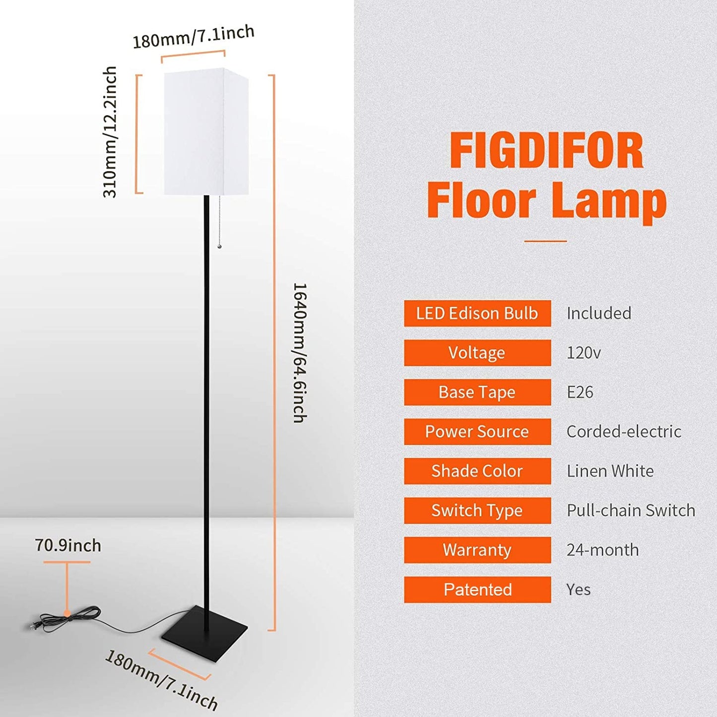 FIGDIFOR Modern Floor Lamp for Living Room, Tall Black Floor Lamp with Square Linen Shade, Pull Chain Switch and Stable Metal Base, Standing Lamp for Bedroom, Reading Nook and Office, Bulb Included