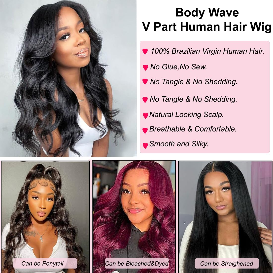 V Part Wig Human Hair Wig Upgrade U Part Wigs Body Wave for Black Women Beginner Friendly No Sew In and No Leave Out Glueless Brazilian Virgin Hair Wig Natural Black Color 180% Density 22 inch