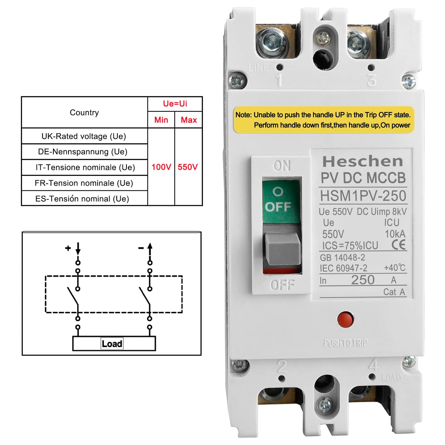 Heschen DC Molded Case Circuit Breaker MCCB, HSM1PV-250, 2 Poles, DC550V 250A, Photovoltaic Circuit Breaker, for Solar PV System Solar Panels Grid System