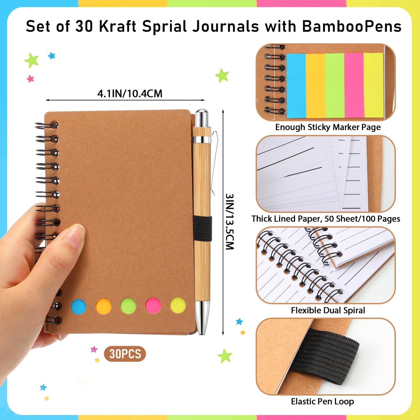 Chuangdi 30 Sets Lined Spiral Notebooks with Sticky Notes and Bamboo Pens, End of School Year Gifts for Office Teacher Staff, Kraft Notebook with Pen Bulk for Graduation Gift Back-to-school Supplies