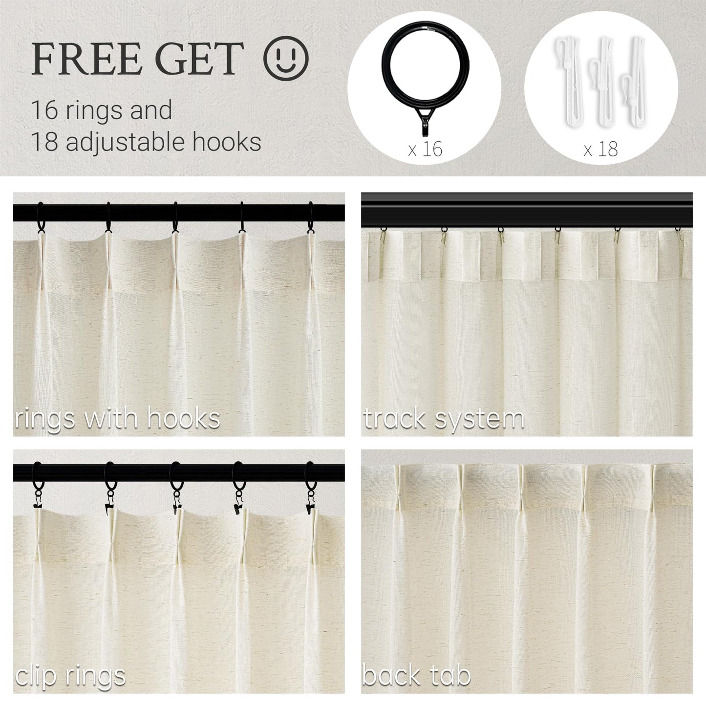 96 Inches Long Pinch Pleated Semi Sheer Curtains,Natural Linen Blended Light Filtering Window Curtains 96 Length 2 Panels for Living Room Bedroom Pinch Pleat Drapes with Hooks 2 Panels 40" Wx96 L