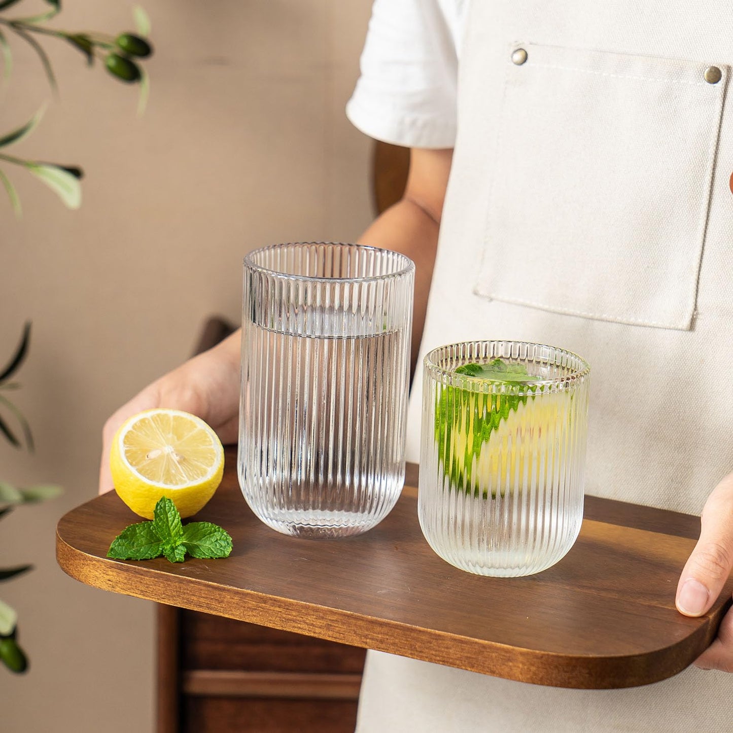 Lumkit Ribbed Drinking Glasses 8pcs, Rocks Drinking Glasses 12oz and 10oz, Tumbler Glasses Cup Set for Wedding, Party, Christmas Gift, Clear