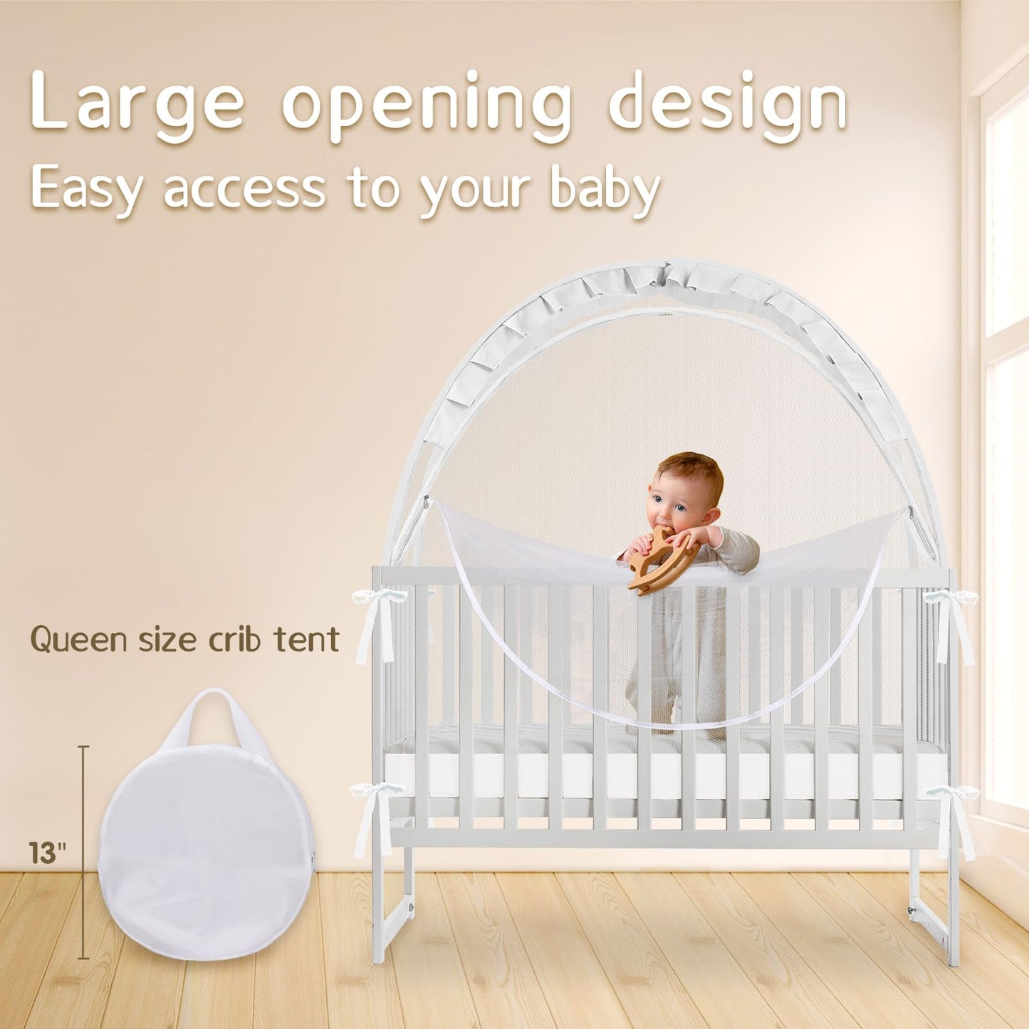 Crib Tent to Keep Baby from Climbing Out, Crib Net to Keep Baby in - Mesh Climbing Prevention, Pop Up Tent with Two-Way Self-Locking Metal Zipper (White, Large)