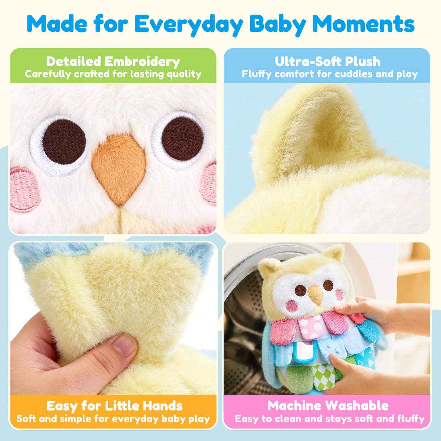 JoyCat Flip Owl Stuffed Animal, Soft Baby Sensory Toy with Multi-Textured Crinkle, Squeaker & Baby Mirror, Infant Tummy Time Toy for 0-9 Months, Newborn Baby Boy Girl Gift
