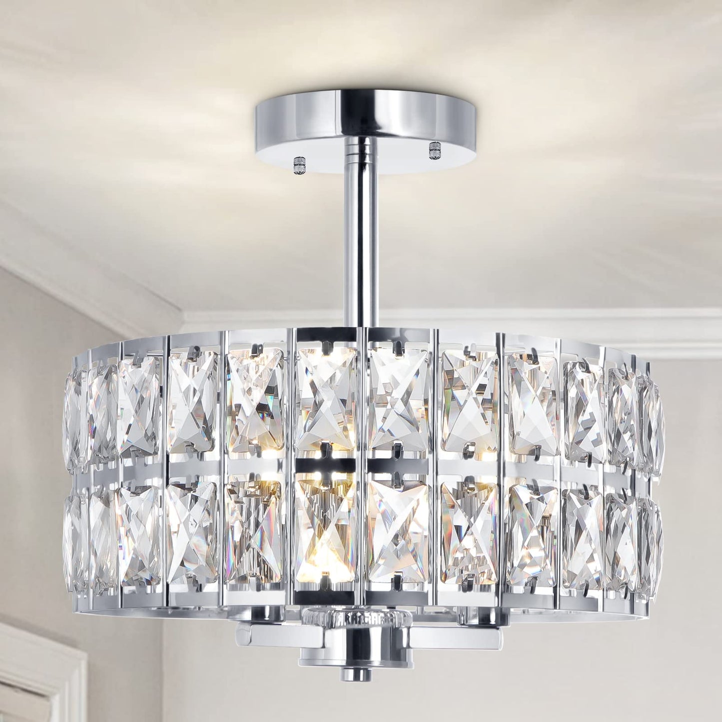 Cunfash 3-Ligth Round Crystal Ceiling Light, Modern Hallway Light Fixtures, 12.6" Chrome Semi Flush Mount Kitchen Chandelier with Cylinder Drum Shade for Closet Dining Room Bedroom