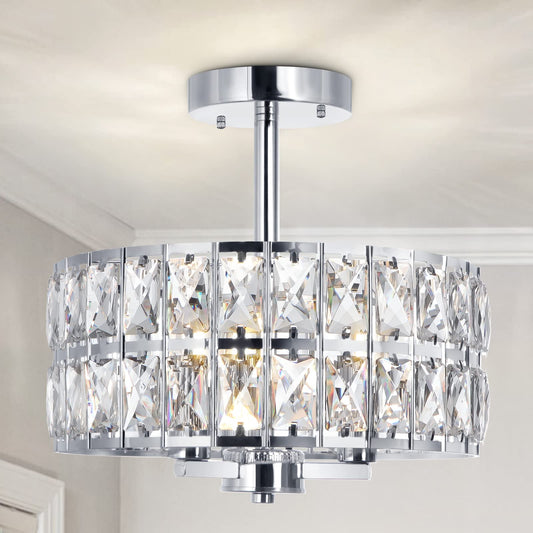 Cunfash 3-Ligth Round Crystal Ceiling Light, Modern Hallway Light Fixtures, 12.6" Chrome Semi Flush Mount Kitchen Chandelier with Cylinder Drum Shade for Closet Dining Room Bedroom