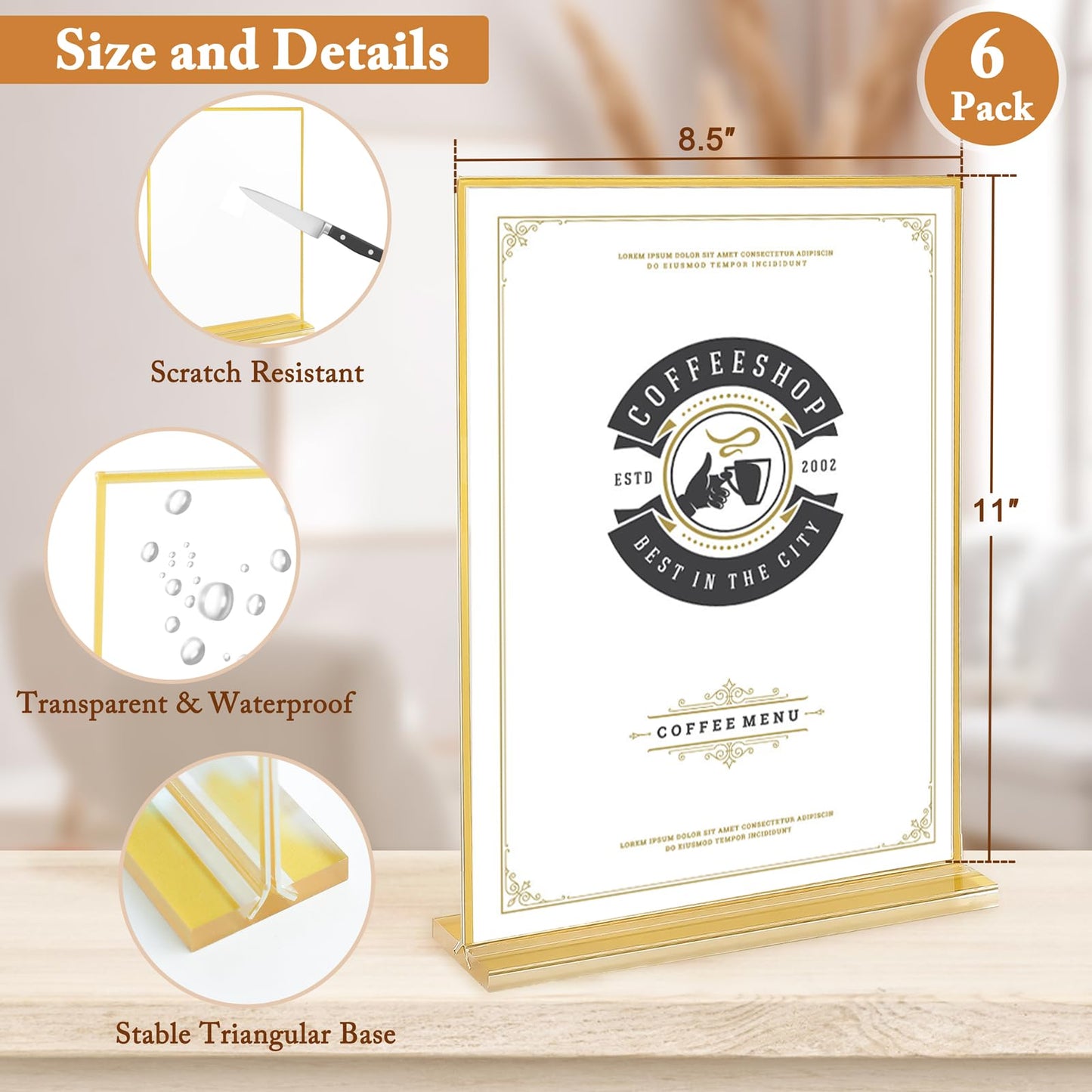 Floroom 6 Pack 8.5x11 Inch Clear Acrylic Sign Holders, Double-Sided Gold Display Stand Picture Frames for Table Numbers, Menus, Flyers, Weddings, and Offices
