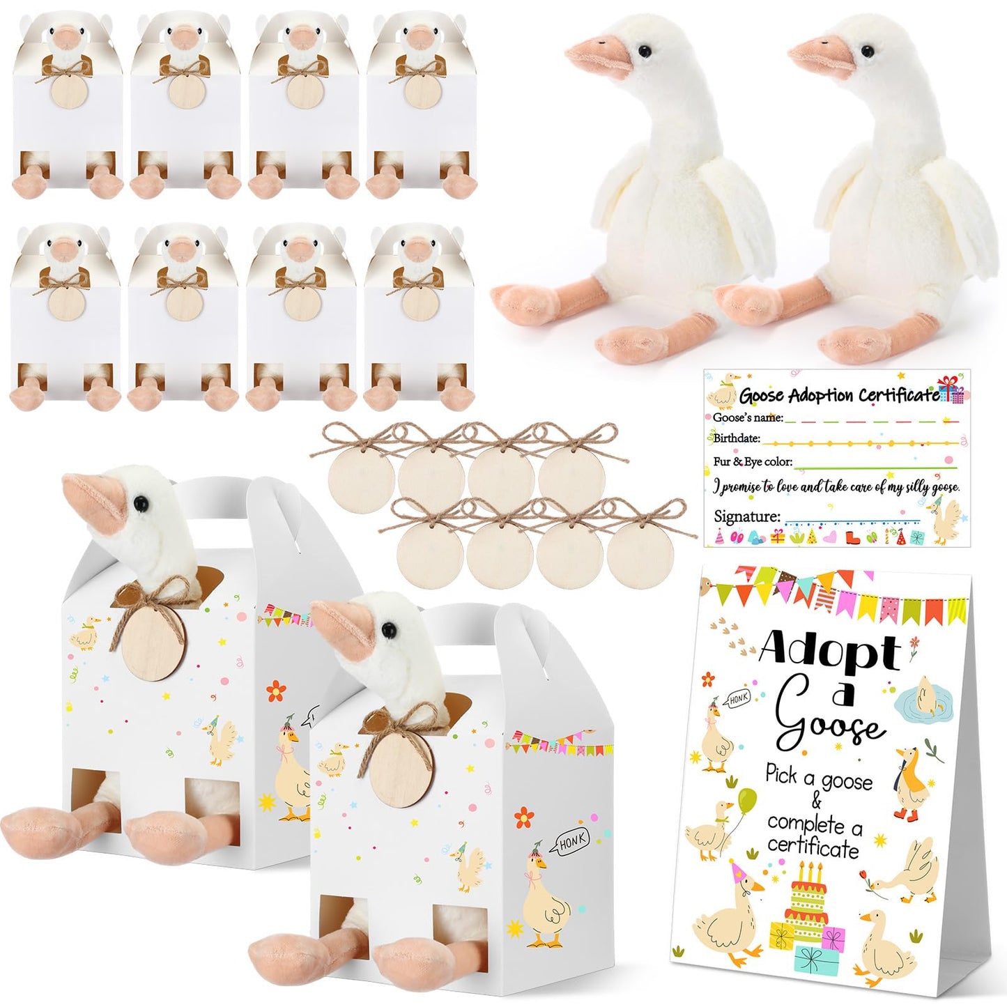 HyDren 33 Pcs Adopt Pet Party Favors Include Adoption Sign 8 Animal Adoption Certificate 8 Plush Pet Stuffed 8 Birthday Hats 8 White Paper Boxes for Adopt a Animal Birthday Party Favor (8 Goose)