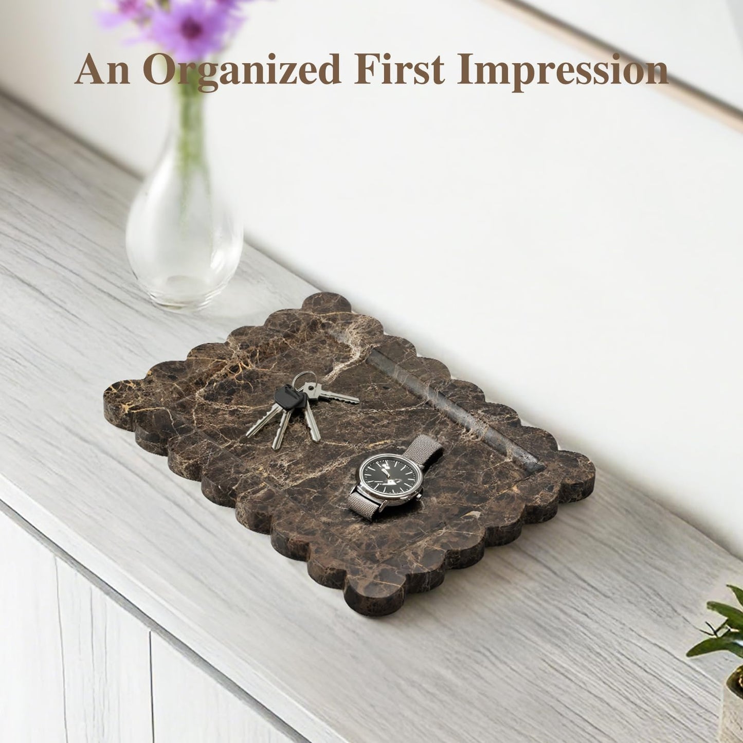 Rectangle Marble Tray with Scalloped Edge, Dark Brown Decorative Tray for Bathroom Vanity, Kitchen Counter, Dresser Top Organizer, Perfume Jewelry Holder, 11x8 Inch Natural Stone Home Décor