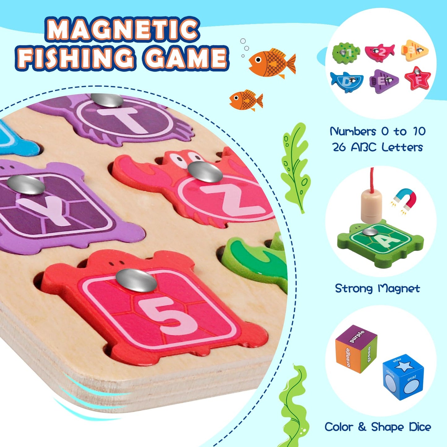 Magnetic Wooden Fishing Game, Plunack Alphabet Fishing Toy for Toddler Boys Girls 3-5 Years Old, ABC Letter Puzzle Montessori Sorting Toy, Fine Motor Skills Toy Birthday Gift for 3 4 5+ Year Old Kids