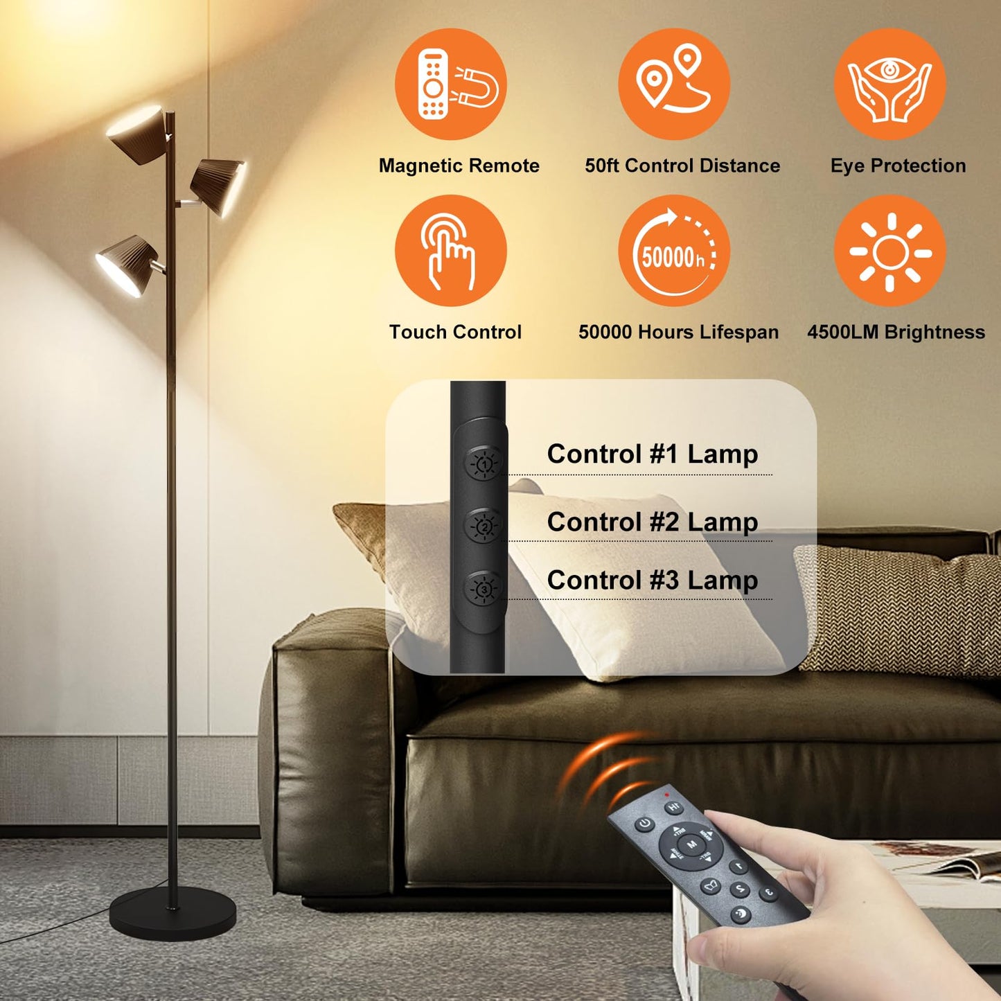 Pesken 42W LED Tree Floor Lamp, 4500 Lumens Dimmable Standing Lamp with Remote & Touch Control, Modern Super Bright 3 Rotatable LED Light Floor Lamps for Living Room, Bedroom, Office