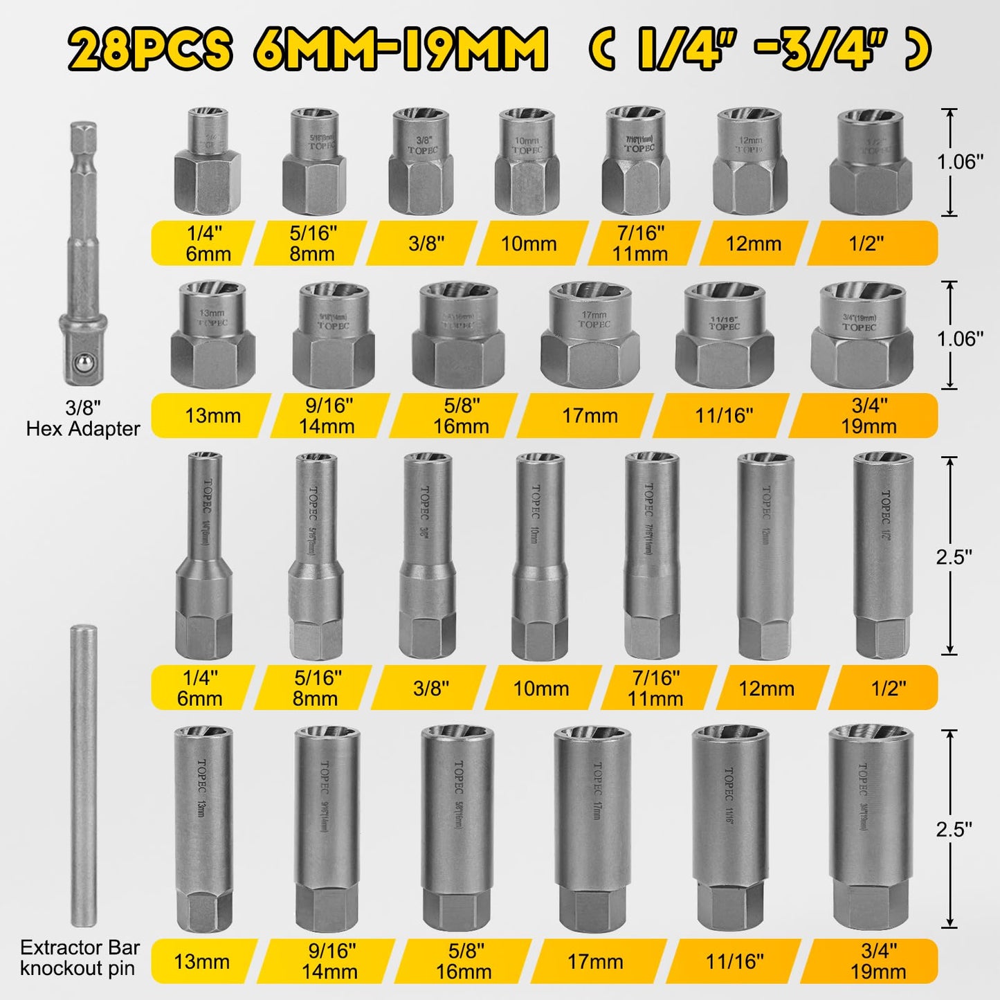 Topec Deep Bolt Extractor Set 28PCS, 3/8" Drive Bolt Extractor Kit, Spark Plug Extractor Socket Set, Lug Nut Removal Tool for Stripped, Broken, Rounded Bolts Lug Nut Stud Remove