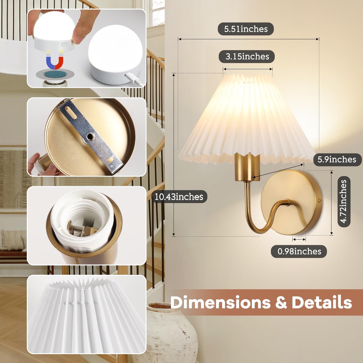 Wireless Wall Sconce Sets of 2, Pleated Shades Rechargeable Battery Operated Wall Sconce, Retro gooseneck Gold Wall Lights Bathroom Vanity Sconces, Wall Mounted Lamps for Bedroom Living Room Kitchen