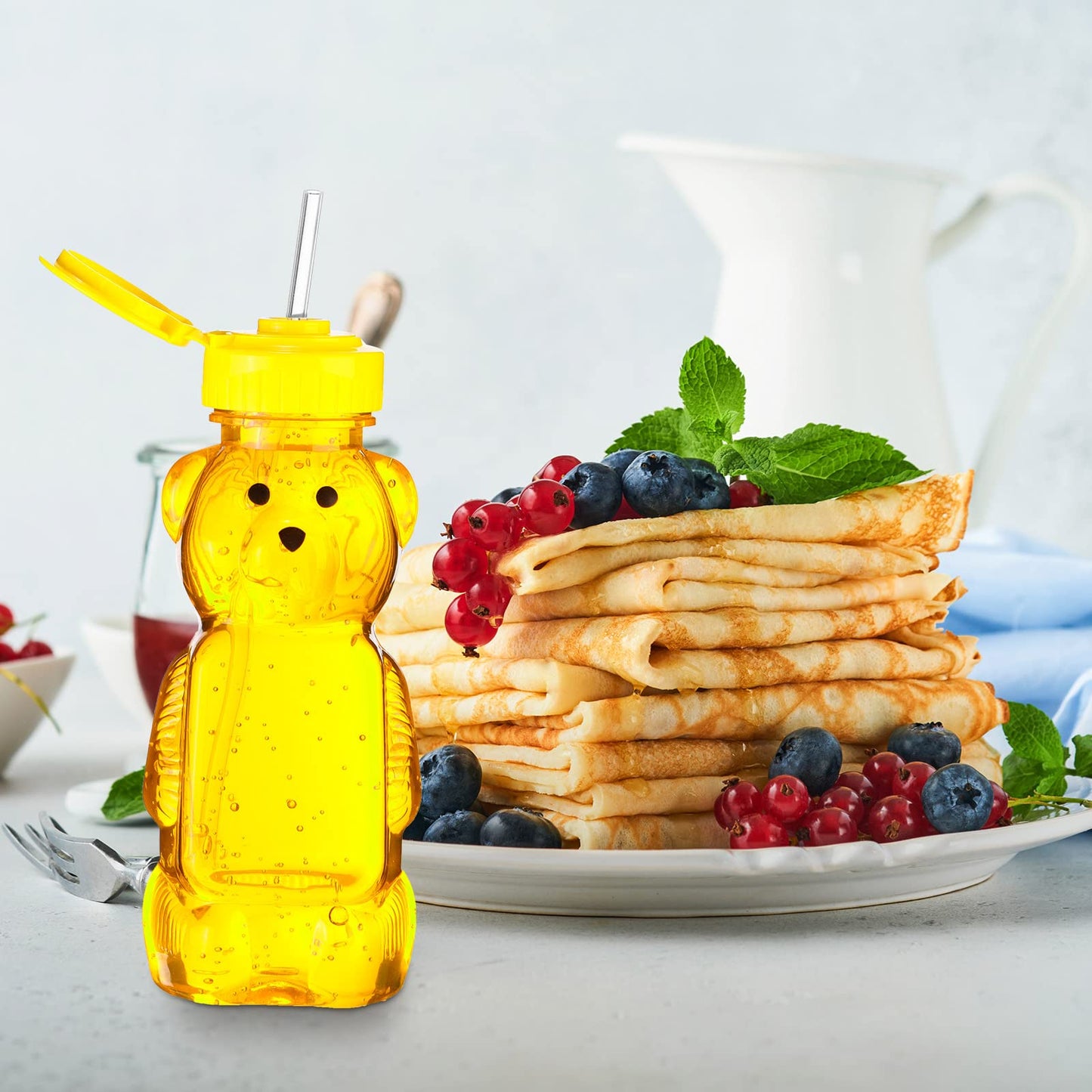 Thenshop 32 Pack Honey Bear Bottle with Straws Empty Plastic Cup Honey Jar Containers Bear Shaped Squeeze Bottle Storing and Dispensing Yellow Flip Top Lid Assistive Cups(8oz)