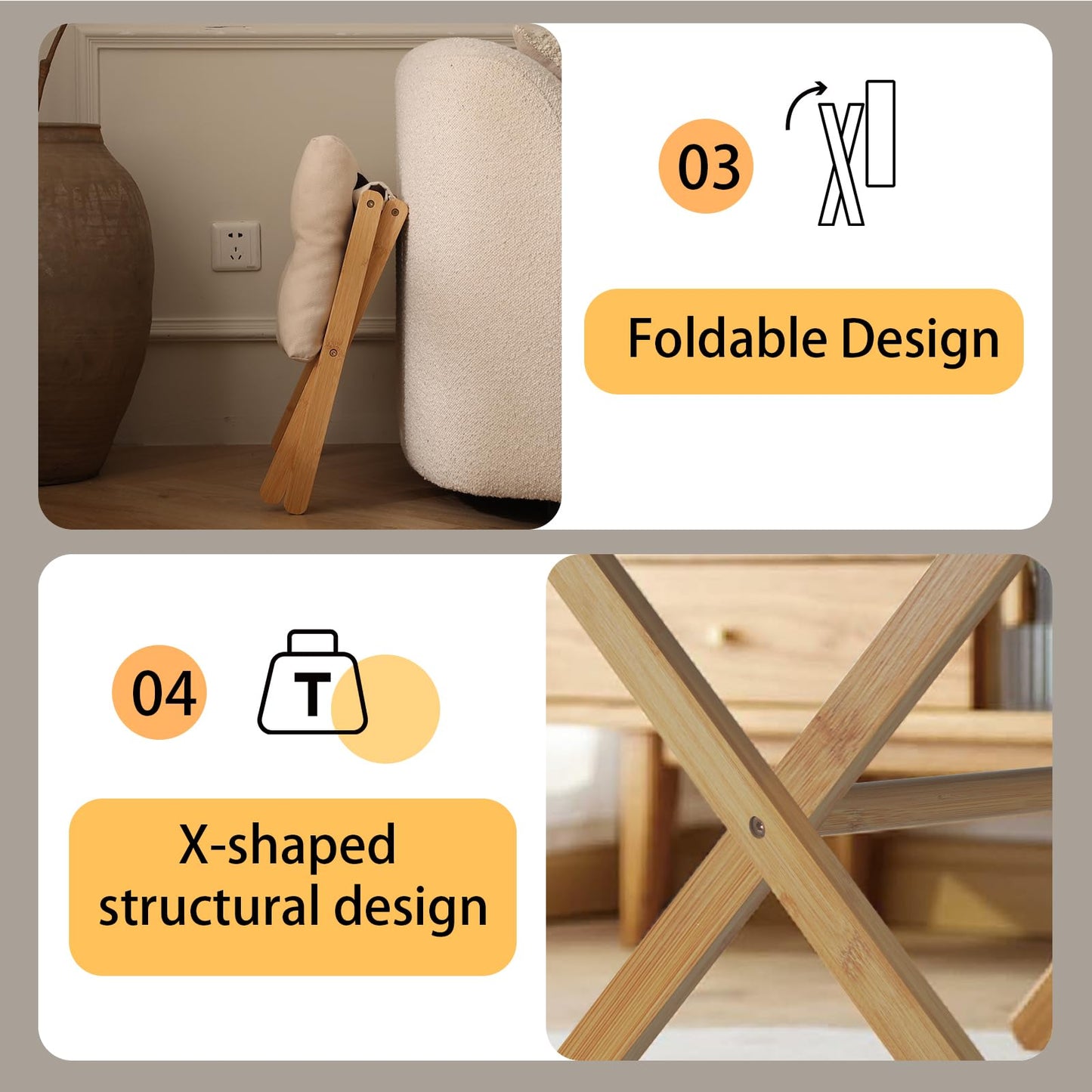 Baveke Folding Upholstered Footrest Stool, Small Accent Ottoman with Thick Cotton Cushion & Bamboo X Legs, Modern Padded Sofa Stool for Makeup Bedroom Living Room (Beige)