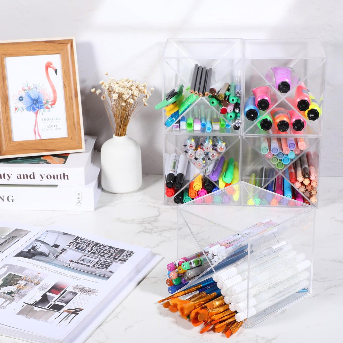 Kosiz 6 Pcs 5.12 Inch Stackable Divided Pen Holder Marker Pen Clear Holder for Desk Stackable Cube Organizer Removable Cross Divider Organizer Acrylic Pen Holder Craft Desk Organizer Holder