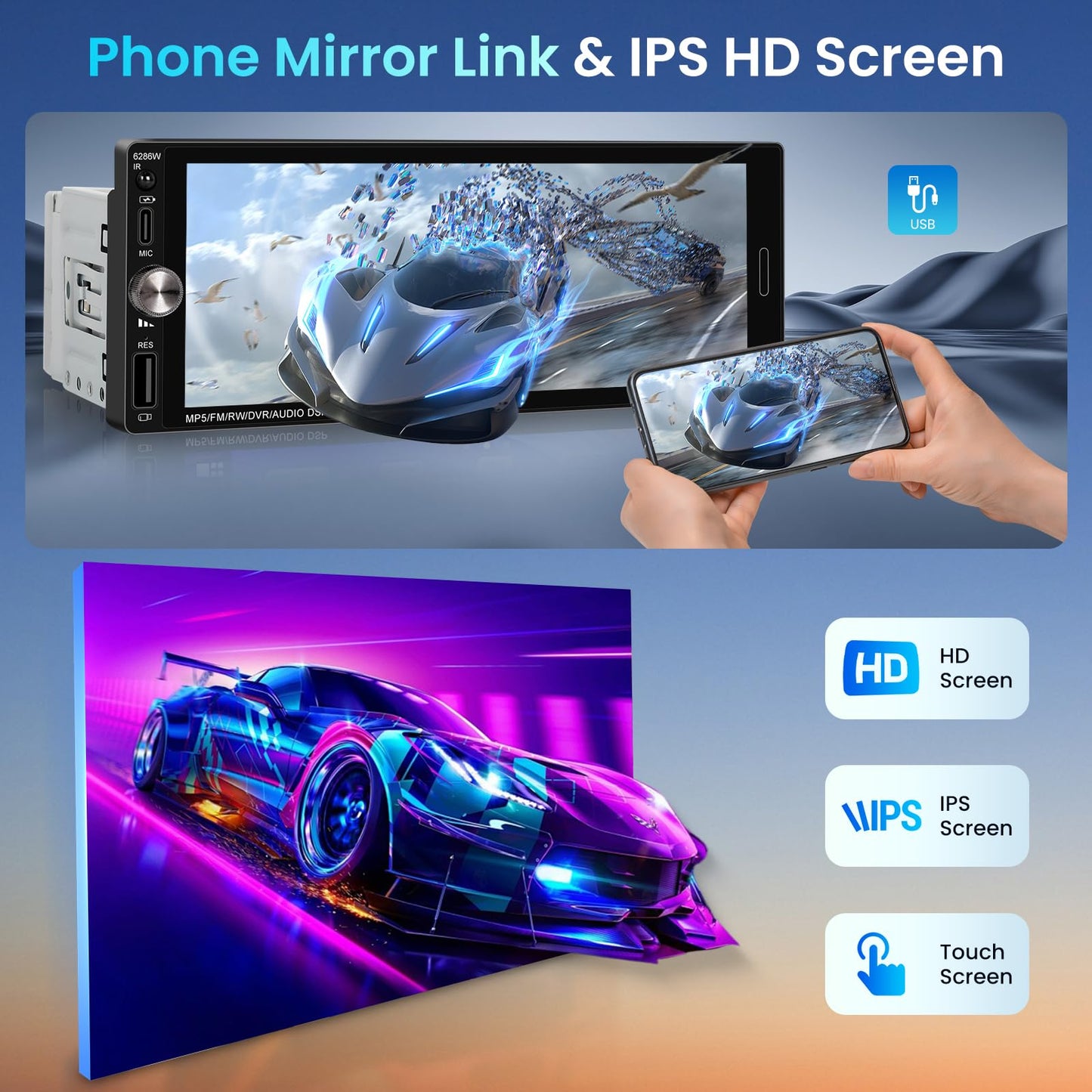 Single Din Car Stereo with Wireless CarPlay Android Auto Mirror Link, Driauto Car Radio Bluetooth Handsfree Headunit 6.9 Inch 1 Din IPS Touch Screen FM Type-C USB Charging EQ SWC with Reverse Camera