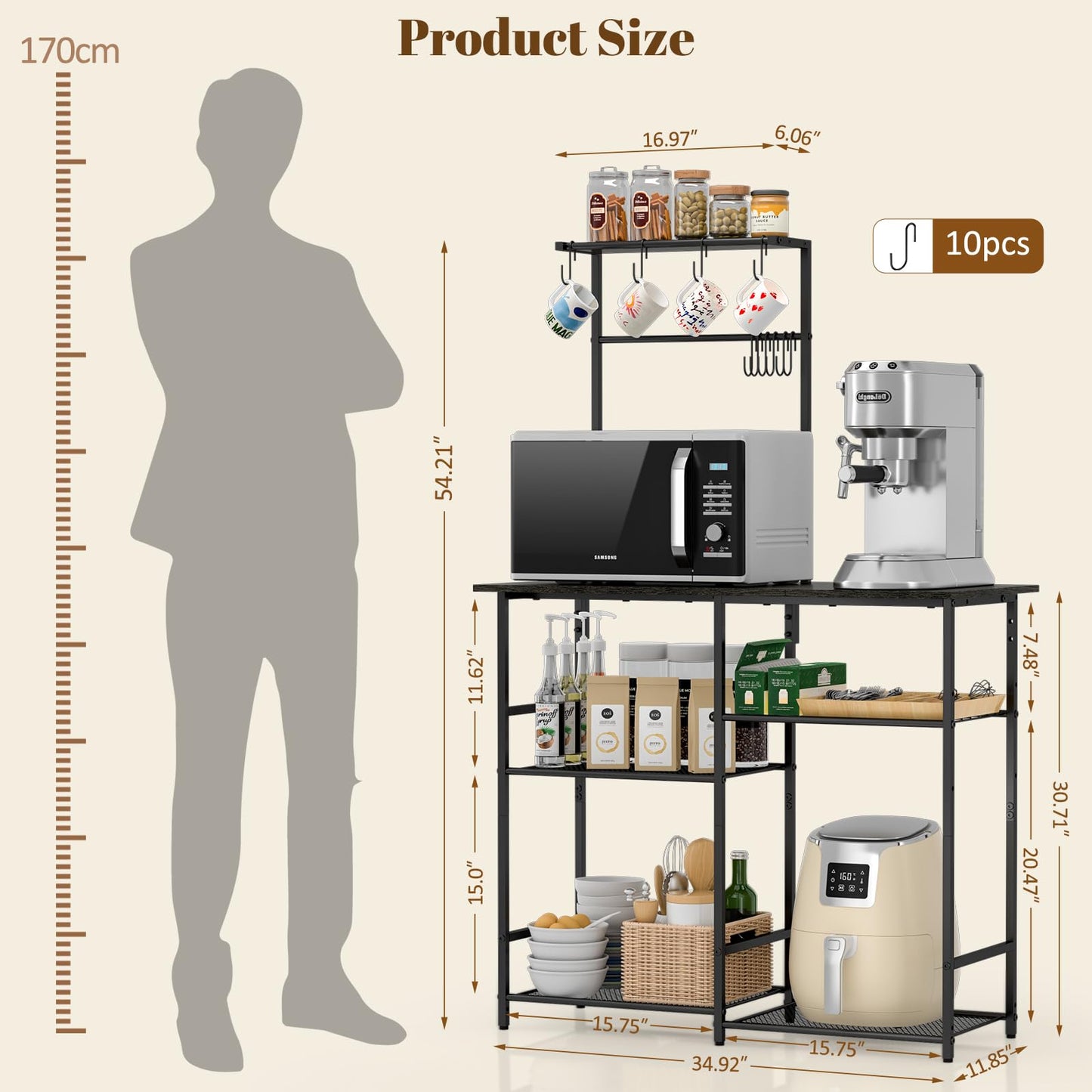 3IngSeagulls Baker's Rack for Kitchen with Storage, Microwave Stand with Adjustable Shelves, Kitchen Stand with 10 S Hooks, 6-Tier Coffee Bar Station, Storage Shelves for Spices, Pots, Gray