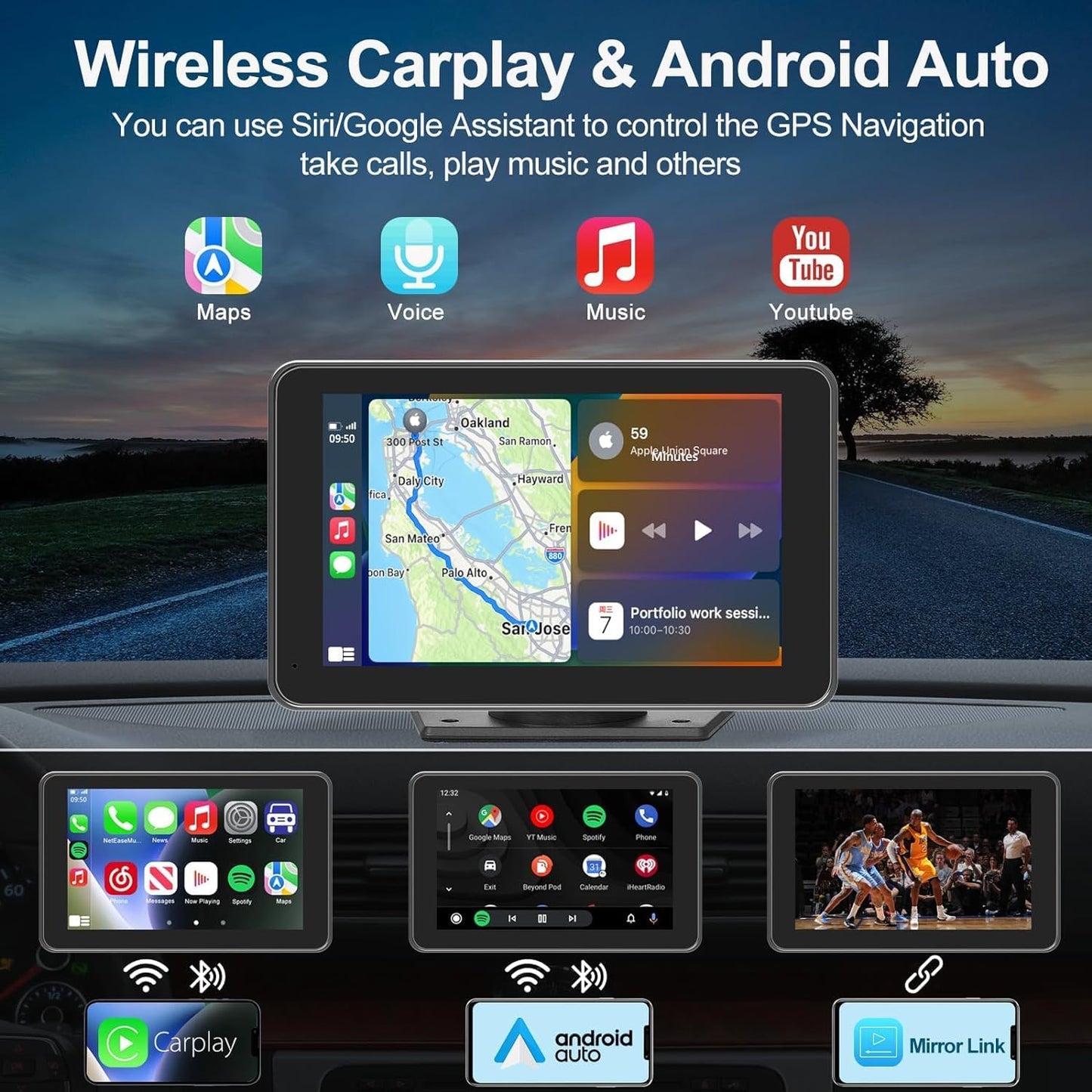 Portable Wireless for Apple Carplay/Android Auto Screen for Car, 7 Inch HD Touchscreen Car Play with Backup Camera, Mirror Link, Bluetooth, FM Transmitter, Voice Control for All Vehicles