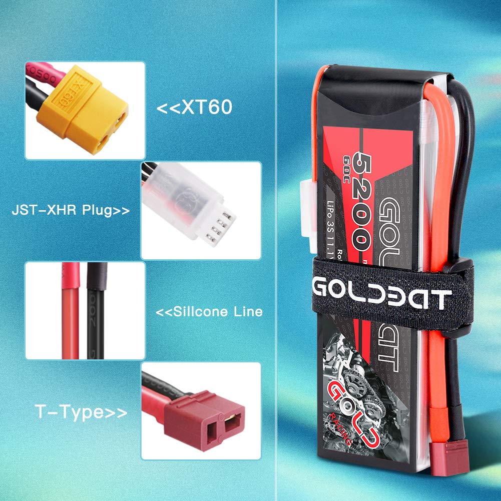 GOLDBAT LiPo RC Battery 5200mAh 3S 60C 11.1V LiPo RC Short Battery with Deans Connector Softcase Pack for RC Car Truck Quadcopter Airplane Helicopter Boat (2 Packs)