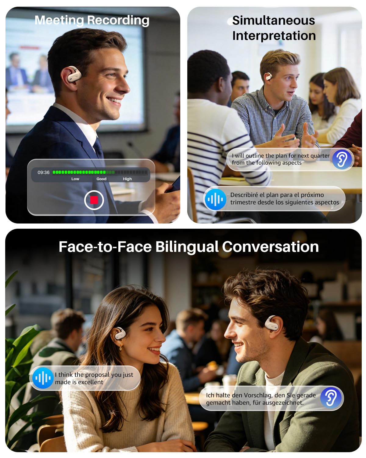 TOZO OpenWear Open Ear Earbuds, AI Translation Earbuds Real Time 145+ Languages, 60H Translator Ear Buds Audifonos Traductores Inglés Español, Bluetooth Headphones 5.4 with Smart Display for Office