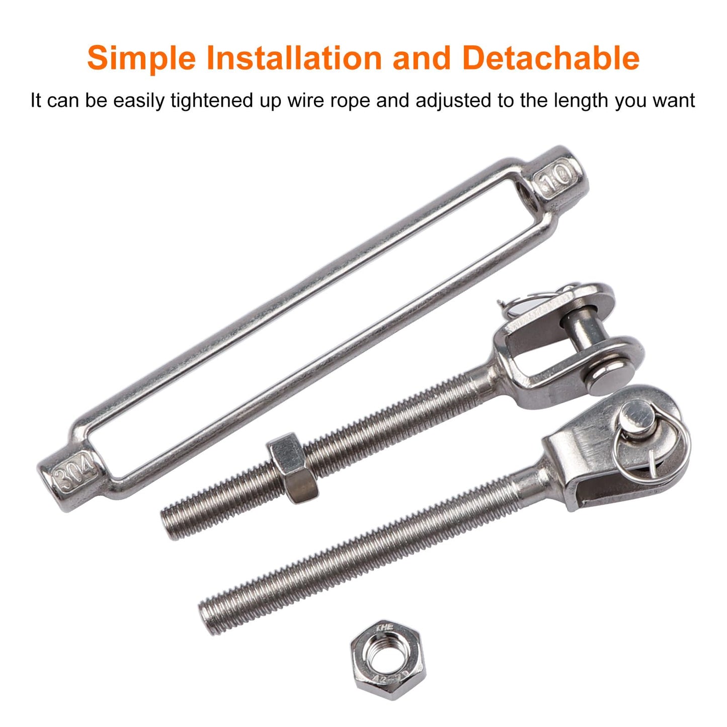 LordHardware 4Pcs Stainless Steel 3/8 Inch M10 Jaw and Jaw Turnbuckles for Tensioning Cable Rope Chain, 1200 lbs Load