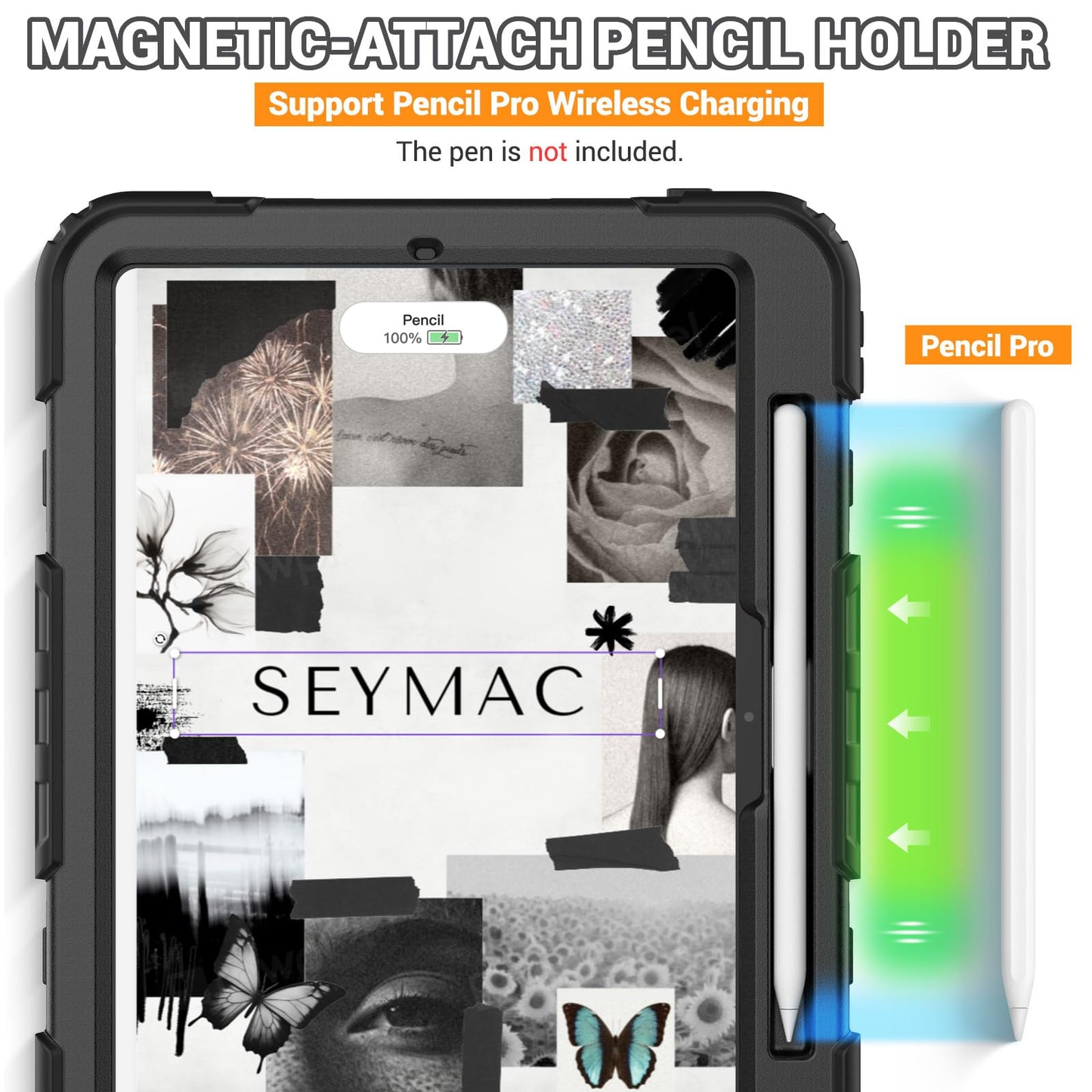 SEYMAC for iPad Pro 11 Inch Case 2024 (M4), Heavy Duty Shockproof Protective Case with Screen Protector, 360° Rotating Stand, Hand/Shoulder Strap and Pen Holder for iPad Pro 11 2024, Black