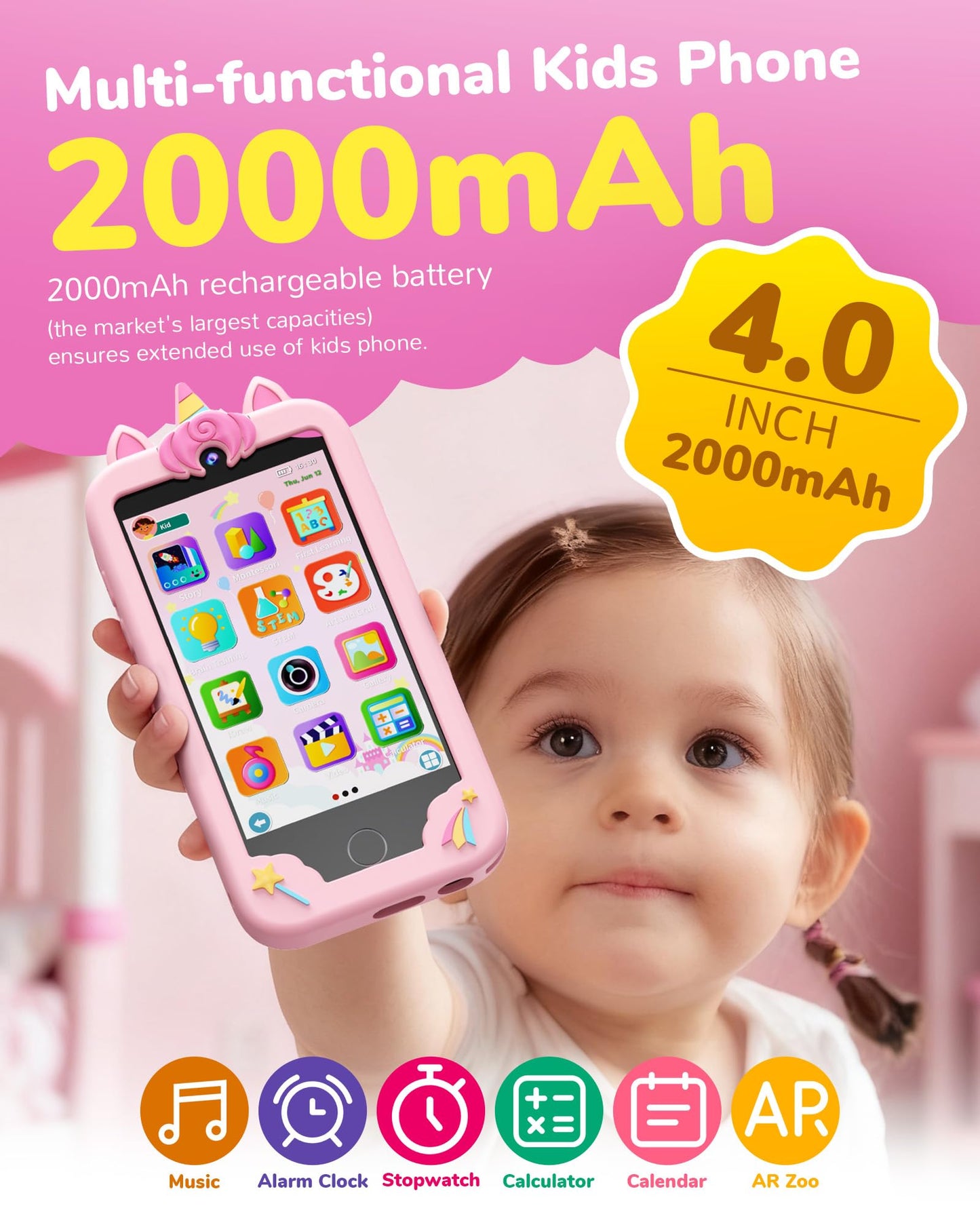 KOKODI Kids Phone, 4 Inch Toddler Camera (Pink)