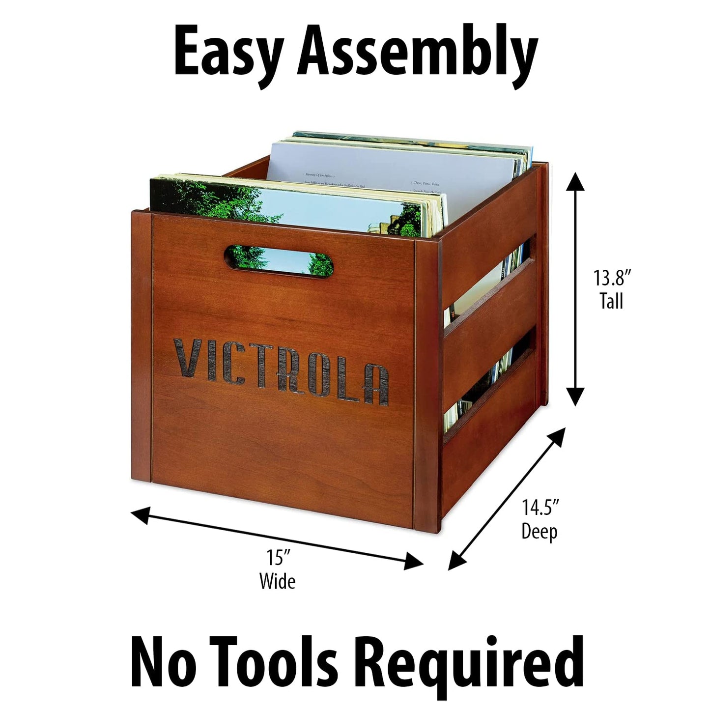 Victrola Wooden Record Crate – Tabletop Vinyl Album Holder, No-Tool Assembly, Holds Over 50 Records, Real Wood Construction, Elegant Design (Wood)