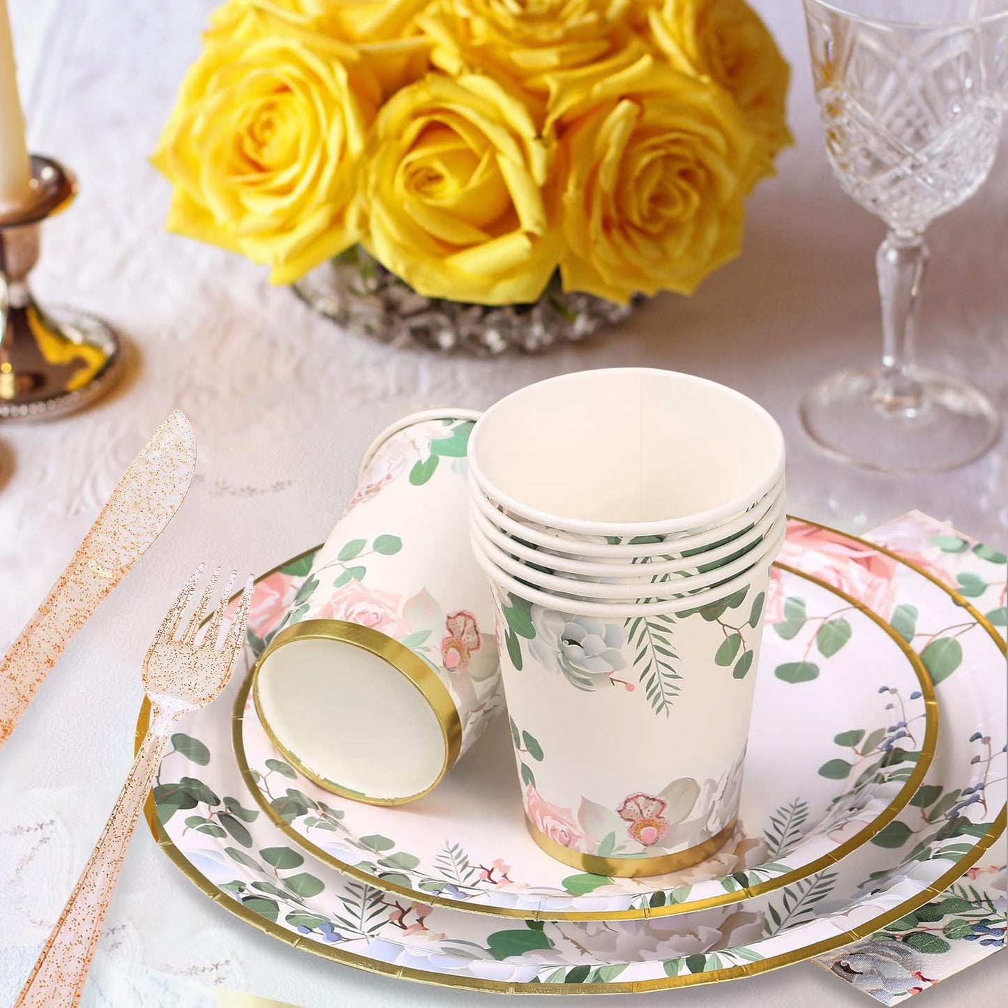 AWLZJZQA 350 PCS Floral Plates and Napkins Party Supplies Serve 50 Flower Disposable Paper Dinnerware Sets for Adults Bridal Shower Decorations Baby Shower Birthday Wedding Engagement Tea
