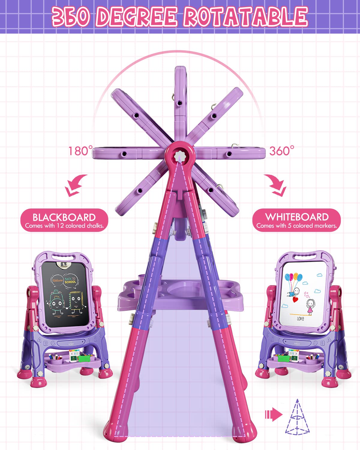 Lehoo Castle Kid Easel, 4 in 1 Double Sided Art Easel with Magnetic White Chalk Board, Adjustable Standing Toddler Easel Board with Painting & Writing Accessories - Gift for Girls
