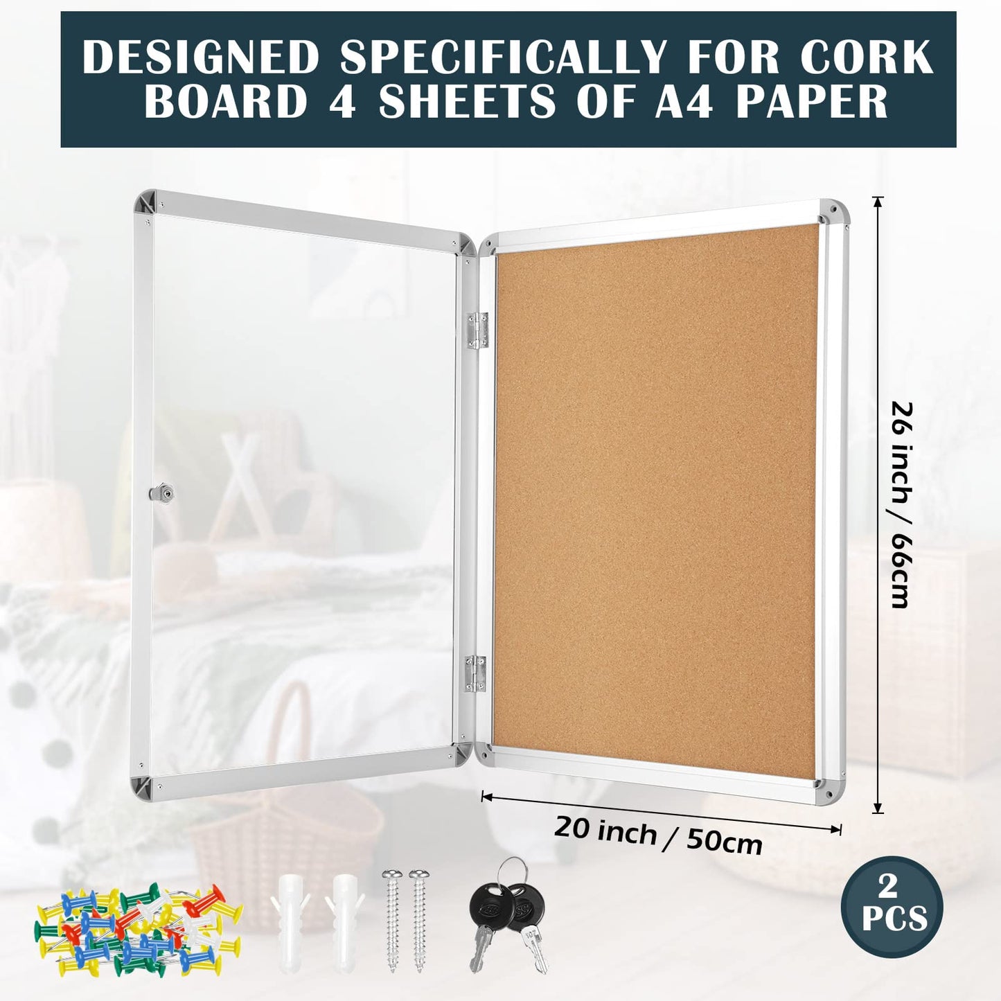 2 Pieces Enclosed Bulletin Board 26 x 20 Inch Lockable Notice Board Case Aluminum Framed Waterproof Noticeboards Cabinet with Mounting Screws for Office School Classroom Wall Display