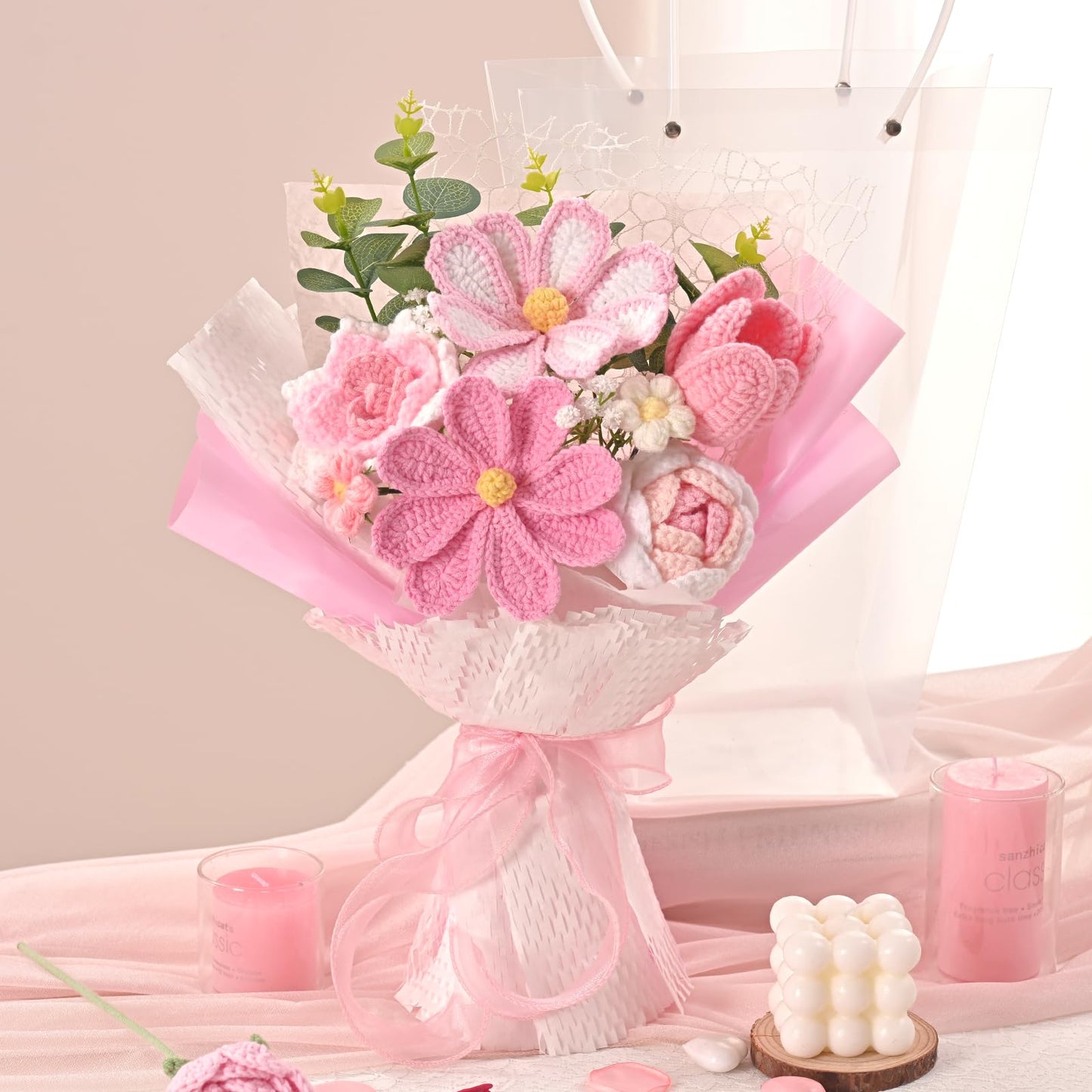 Waipfaru Pink Crochet Flower Bouquet, Handmade Knitted Fake Flowers with Card, Crochet Tulips Roses Flower for Valentines Day Anniversary Birthday Mother’s Day Women Mom Wife Friend