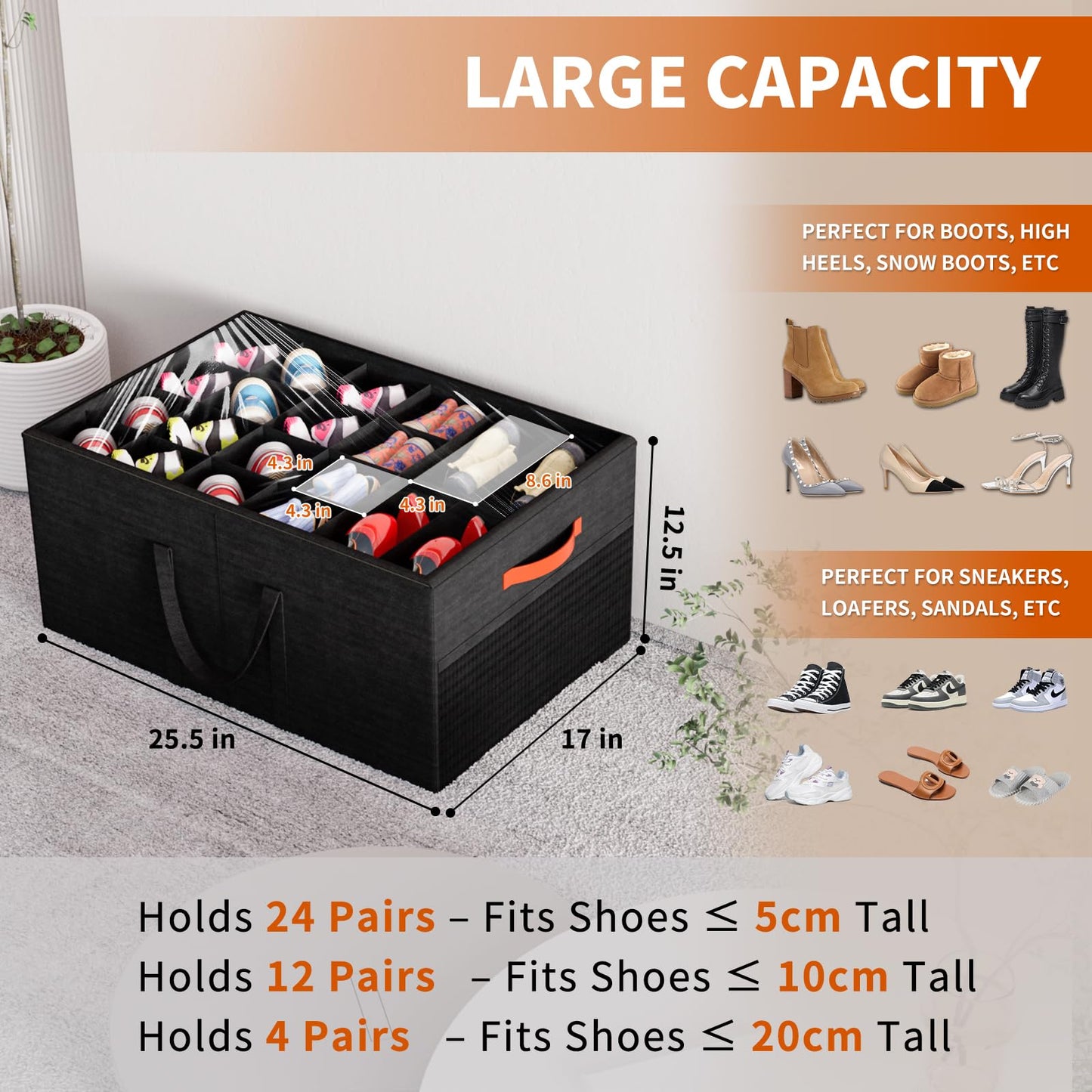 Aokeyee 2 Pack Shoe Organizer for Closet, Large Shoe Storage Box Fits up to 48 Pairs, Space Saving Foldable Shoes Organizer Bin w/Clear Cover and 4 Reinforced Handles, Black