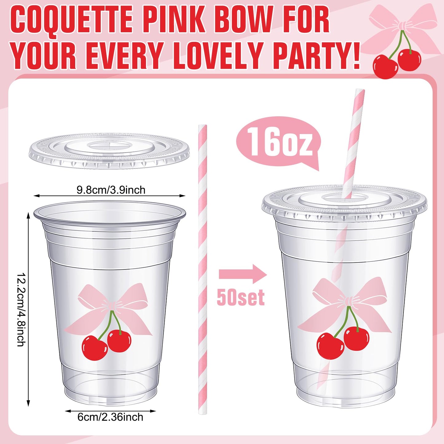 Sliner 50 Pcs 16 oz Coquette Disposable Plastic Cups with Straw for Party Supplies Bow Cups Birthday Wedding Bridal Engagement Party Drinkware Baby Shower Decoration (Cherry Bow)