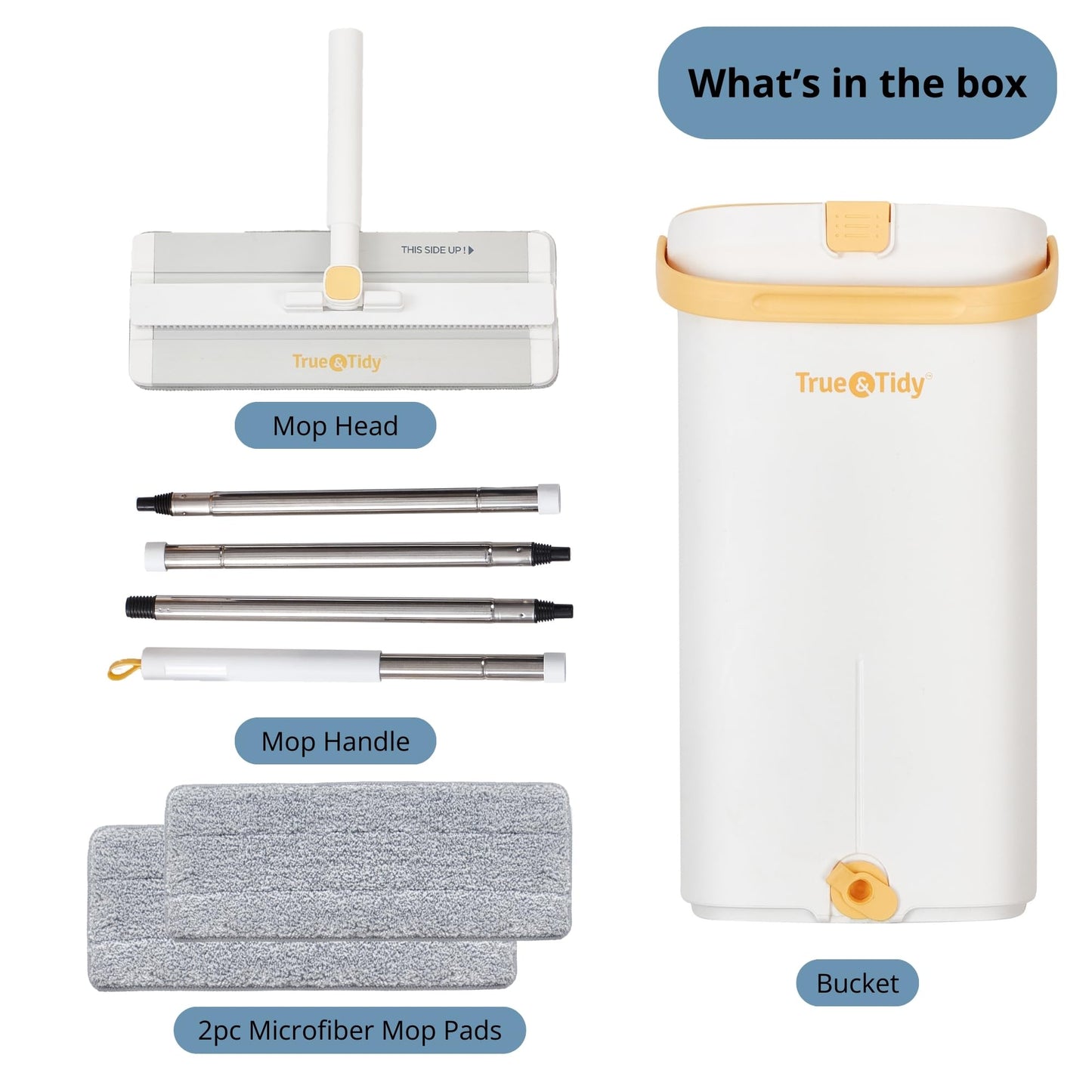 Mop and Bucket Set with Pump System for Home, Hands Free Self Cleaning with 3 Compartments to Separate Clean from Dirty Water, with 2 Machine Washable Microfiber Mop Pads, Patent Pending, in Gift Box