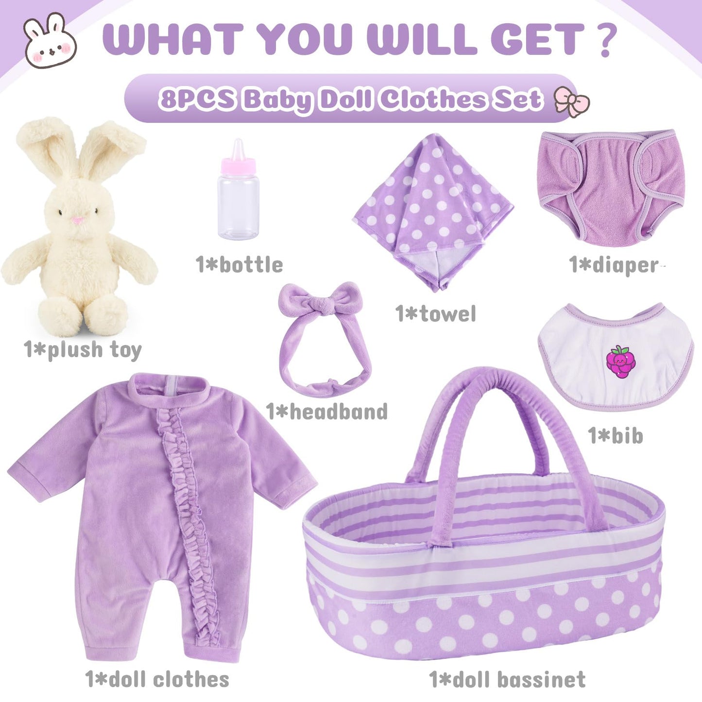 BABESIDE 8 Pcs Baby Doll Accessories, Reborn Baby Dolls Clothes with Bassinet for 17-22 Inch Baby Dolls, Outfit fit Newborn Babies Doll Girl, Babies Pretend Play Set