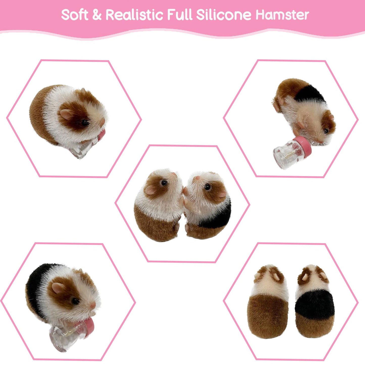 VOLOBE 5 Inches Silicone Hamster, Realistic Silicone Guinea Pig with Sleeping Bed Accessories for Kids Boy Girl Birthday Handmade Gift (Black Hamster)