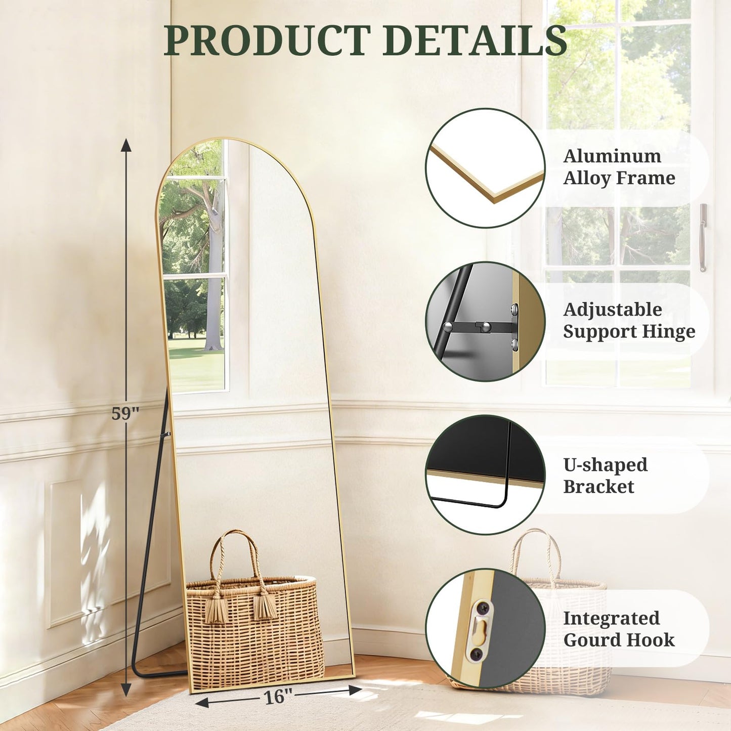 Mirror Full Length 59"x16" Full Body Floor Mirror with Stand, Shatterproof Glass, Aluminum Alloy Frame, Free Standing Wall Mounted or Leaning Arched Mirrors for Bedroom Living Room Entryway