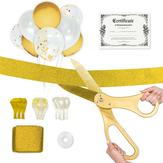 Crutello Ribbon Cutting Ceremony Kit - 20"Giant Scissors with Gold Handle, 30ft Sparkle Giant Gold Ribbon 4"Wide, 24 Balloons & 90ft Balloon Band for Grand Opening Decorations