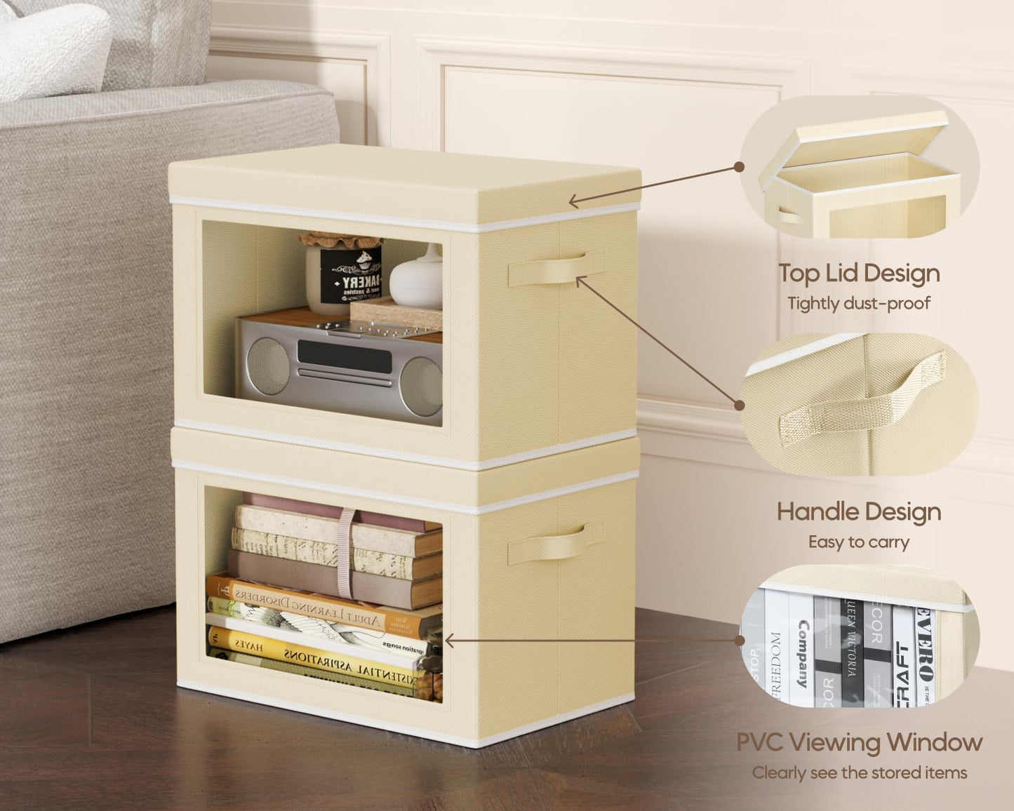 Homsorout Collapsible Storage Bins with Lids - Stackable Storage Containers with Window, 6 Pack Fabric Organizing Bins for Closet, Home & Office Organization Baskets, Beige, 14.9" x 9.8" x 9.8"