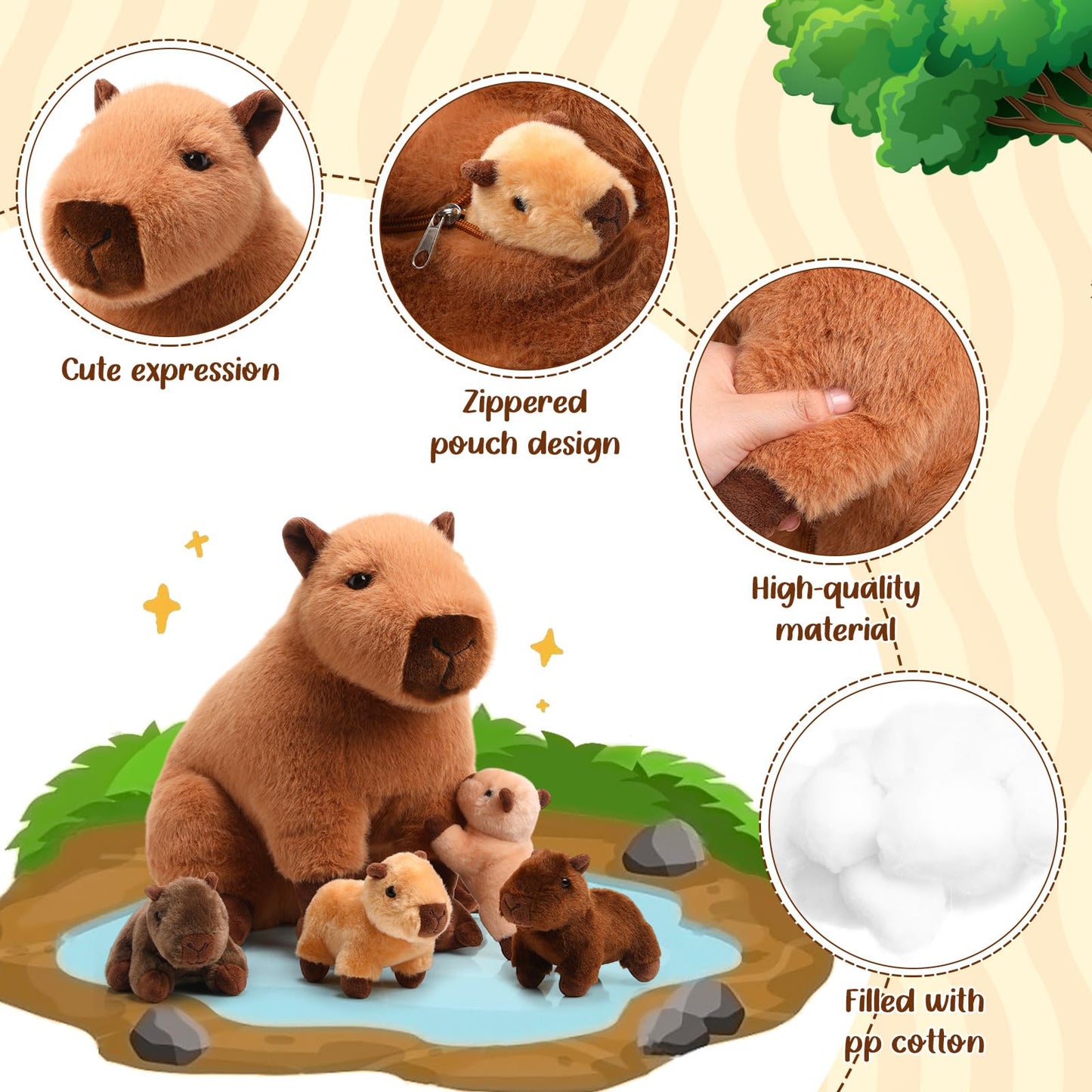 Hollowfly 5 Pcs Capybara Stuffed Animals Capybara Plush Set Gift for Kids Mommy with 4 Cute Babies Inside Soft Stuffed Plushies for Boys Girls Birthday Party Favors(Dark Color)
