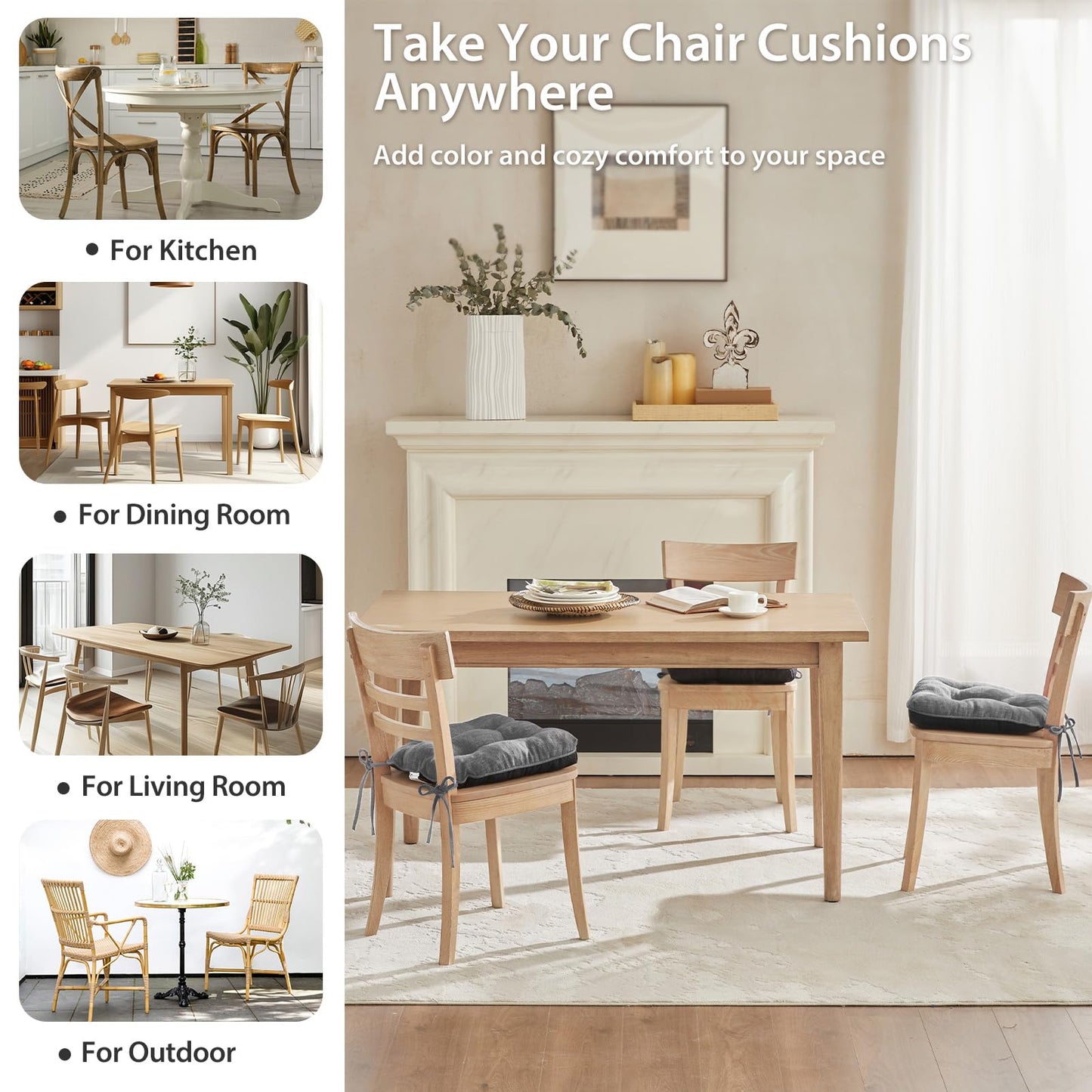 Quilmfoam 16.5"x15.5" Kitchen Chair Cushions Set of 4 for Dining Chair, Soft Tufted Non-Slip Memory Foam Seat Cushion with Ties for Indoor Kitchen Dining Furniture, Dark Grey