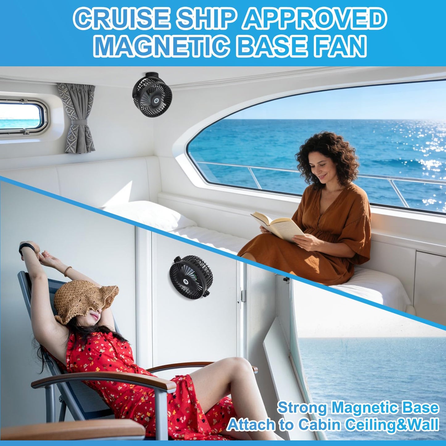 2-Pack Magnetic Cruise Fan with 12000mAh Rechargeable Battery, LED Light, Timer&Power Output, Magnetically Sticks on Cabin Ceilings and Walls, Ship Approved Cruise Essentials 2026
