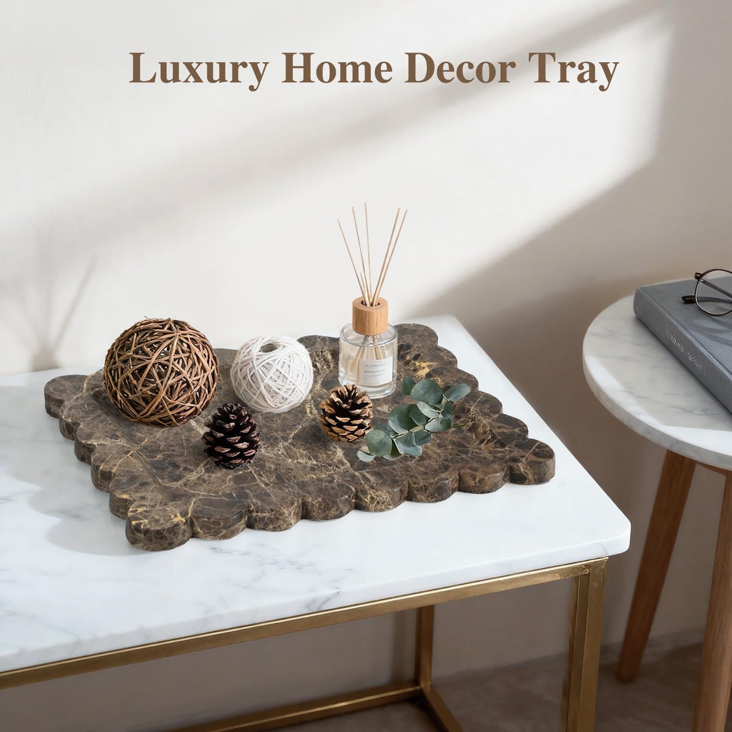 Rectangle Marble Tray with Scalloped Edge, Dark Brown Decorative Tray for Bathroom Vanity, Kitchen Counter, Dresser Top Organizer, Perfume Jewelry Holder, 11x8 Inch Natural Stone Home Décor