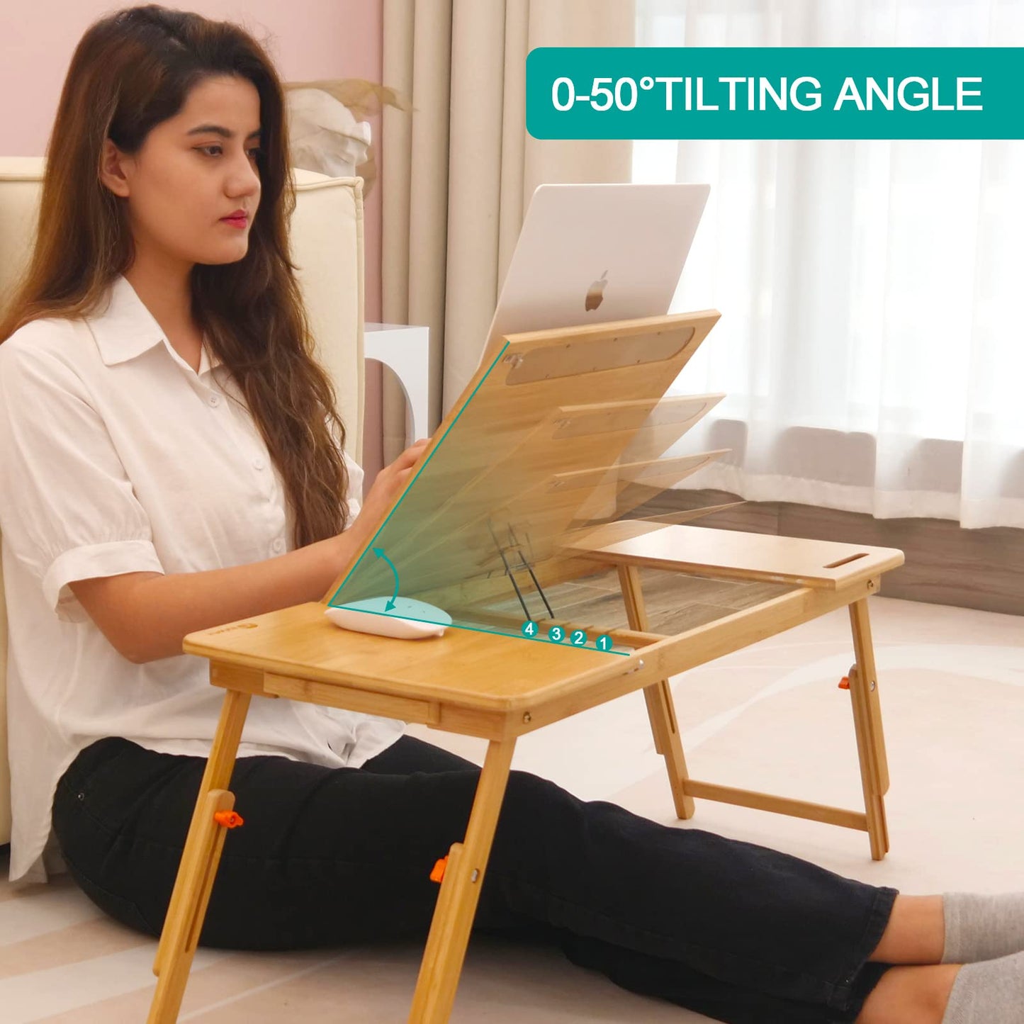 Lap Desk COIWAI Laptop Table Bamboo Writing Eating Bed Tray Adjustable Angle Height Foldable Desk Tray with Tablet Slot Drawer Breakfast Coffee Tea Table for Sofa Couch Floor Large Size
