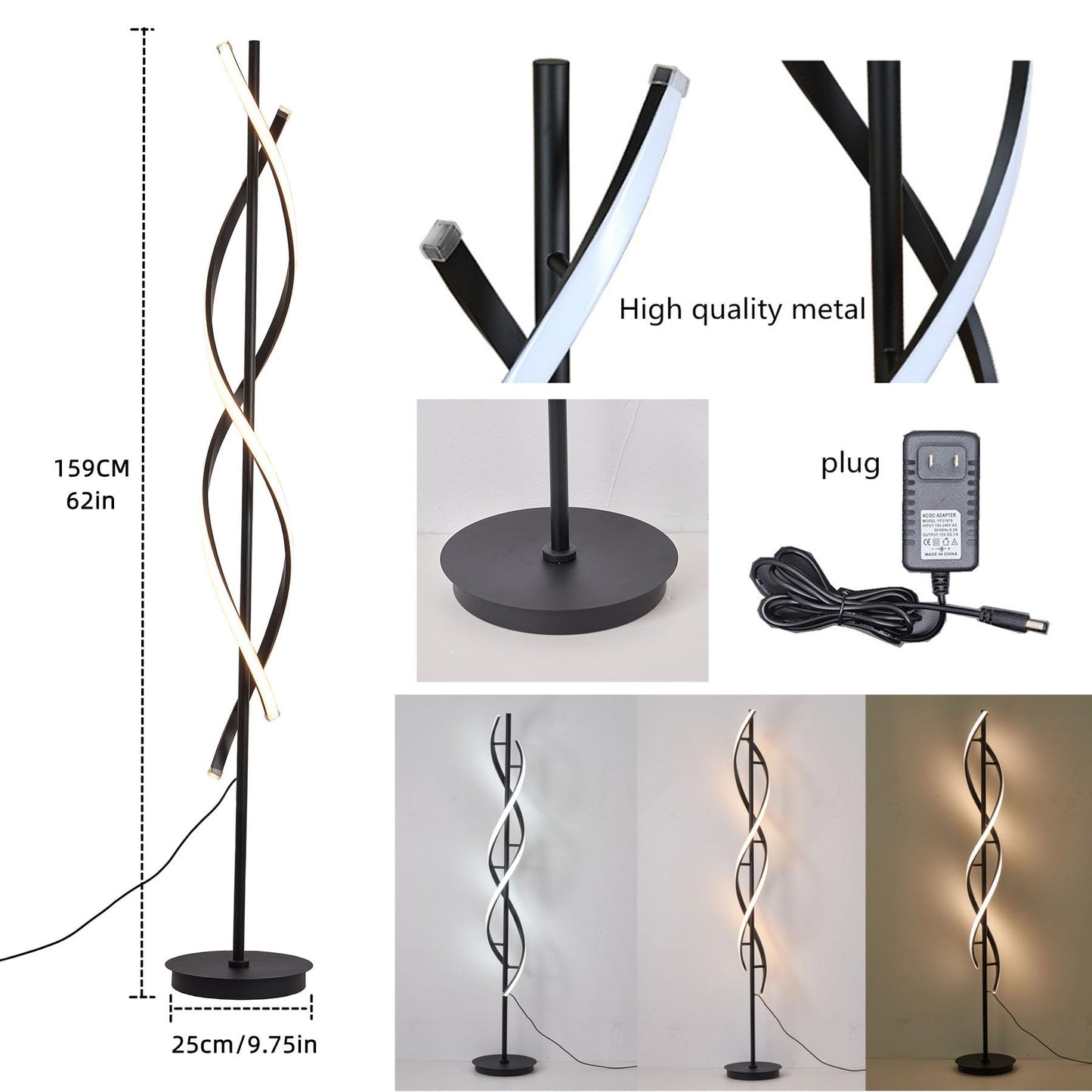 NKU Spiral Floor Lamp for Living Room Modern LED Floor Light with Remote Dimmable Control Sleek Spiral Design Corner Lamp for Bedroom, and Office Lighting Tall Standing Floor Lamp Black 63 inch